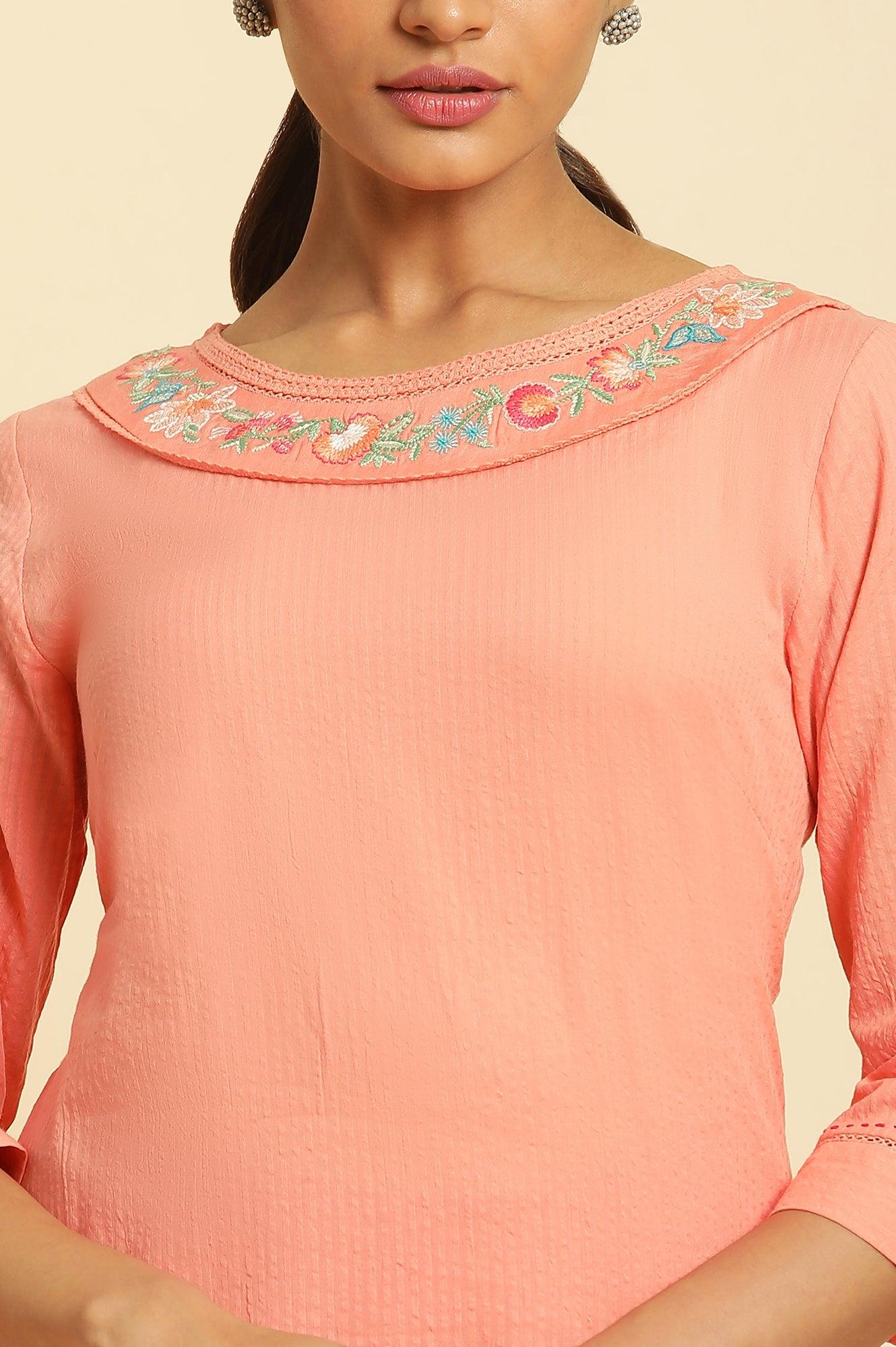 Coral Seer Sucker Kurta With Multi-Coloured Floral Embroidery - wforwoman