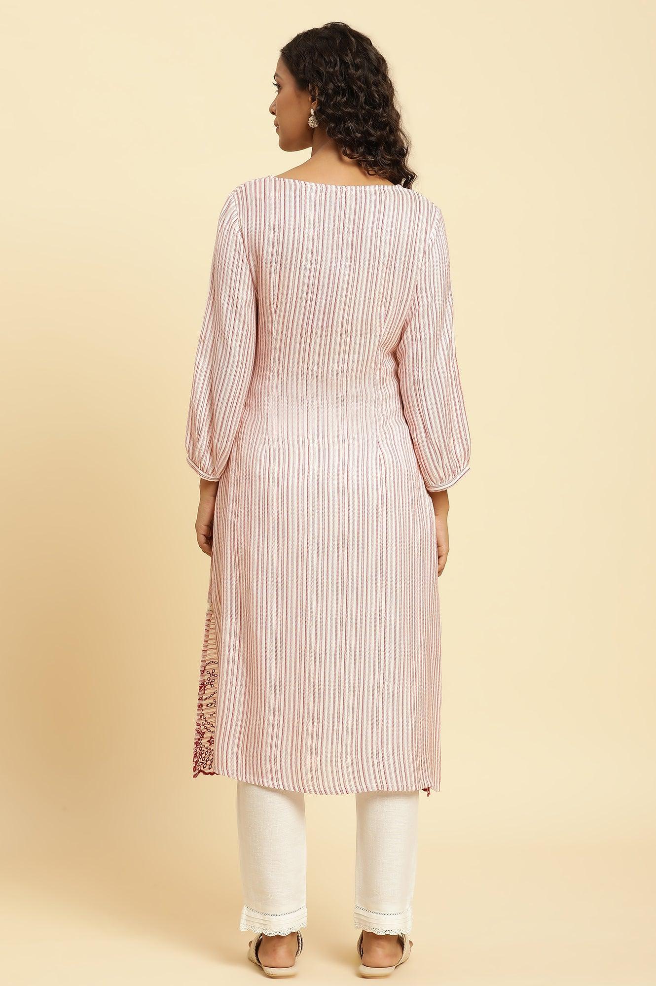 Red And White Stripes Kurta With Schiffli Embroidery - wforwoman