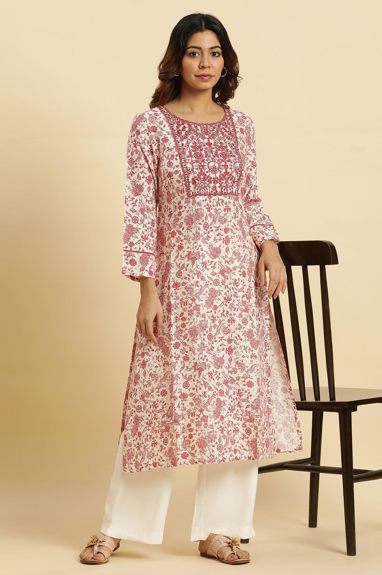 Beige And Red Floral Printed Summer Kurta - wforwoman