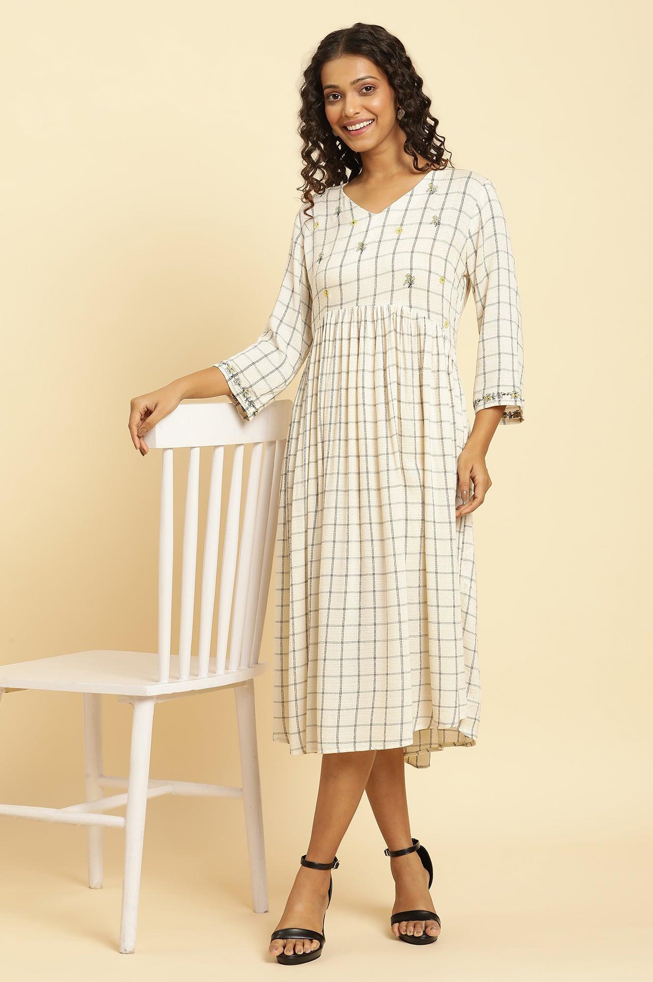 Ecru Checker Thread Embroidered Dress - wforwoman