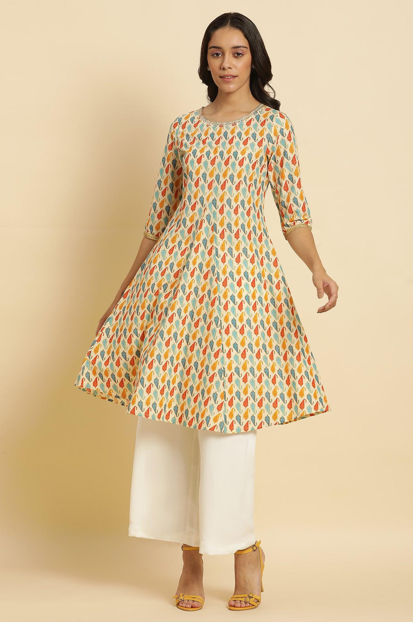 Ecru Flared Kurta In Multi-Coloured Print - wforwoman