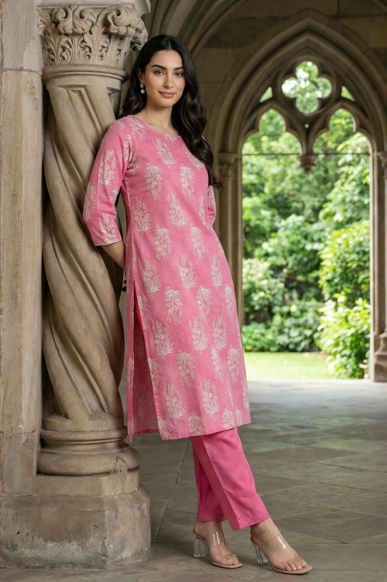 Pink Floral Printed Straight Kurta