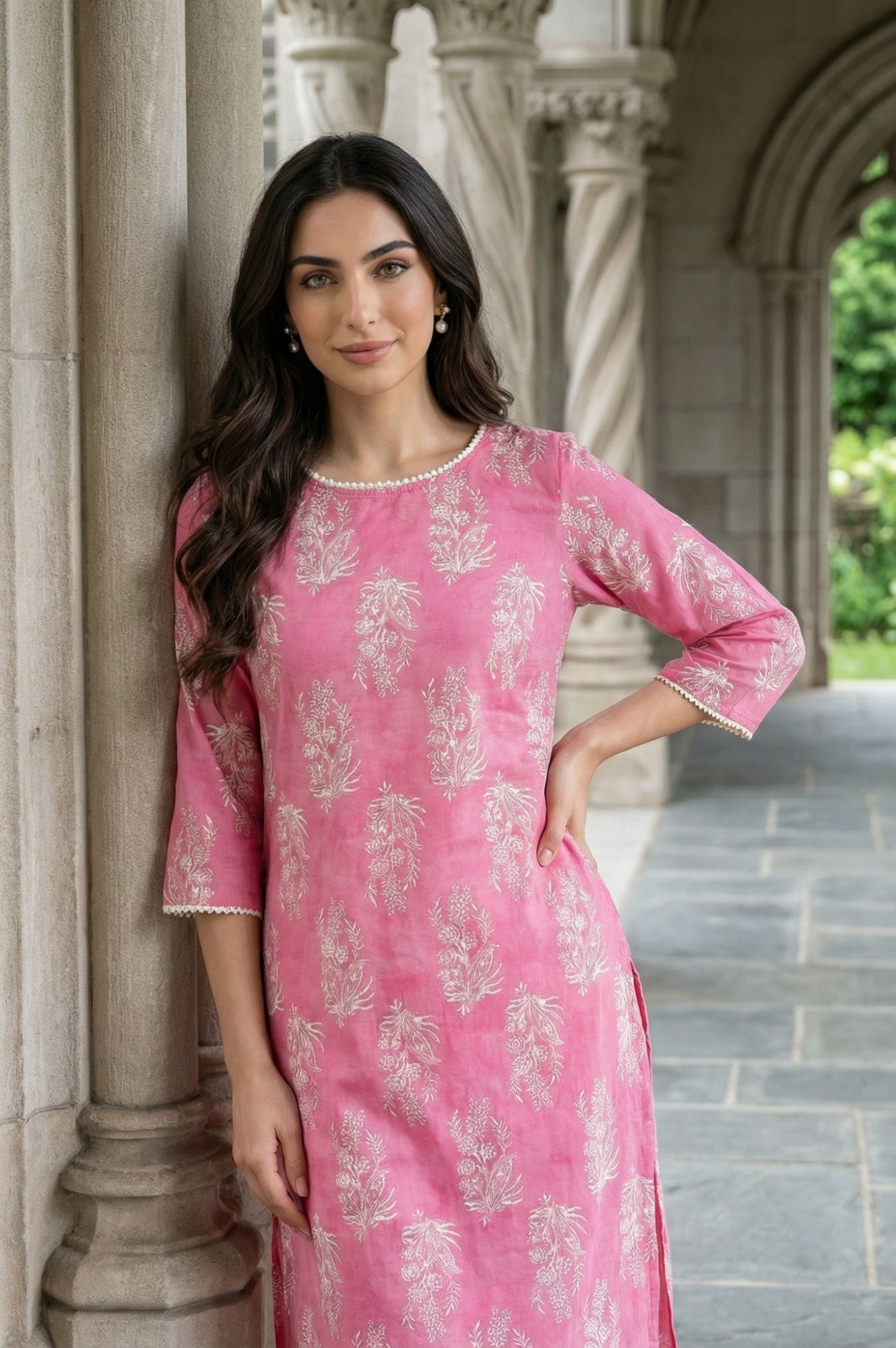 Pink Floral Printed Straight Kurta