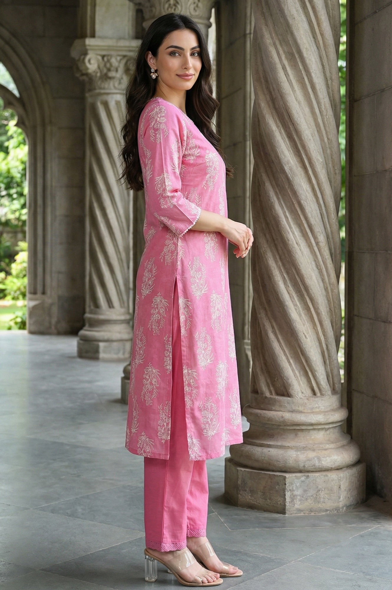 Pink Floral Printed Straight Kurta