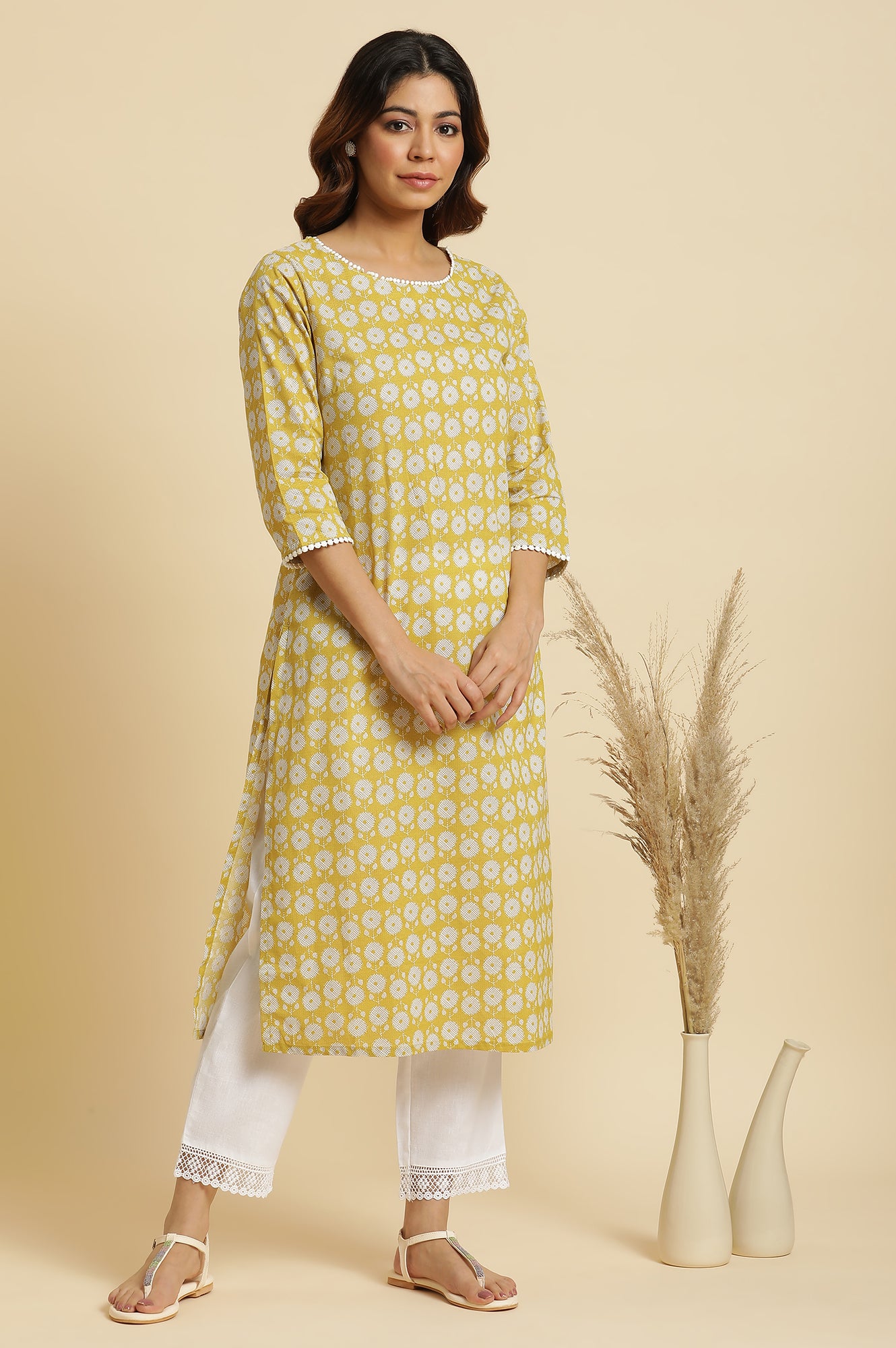 Yellow Abstract Printed Straight Kurta - wforwoman