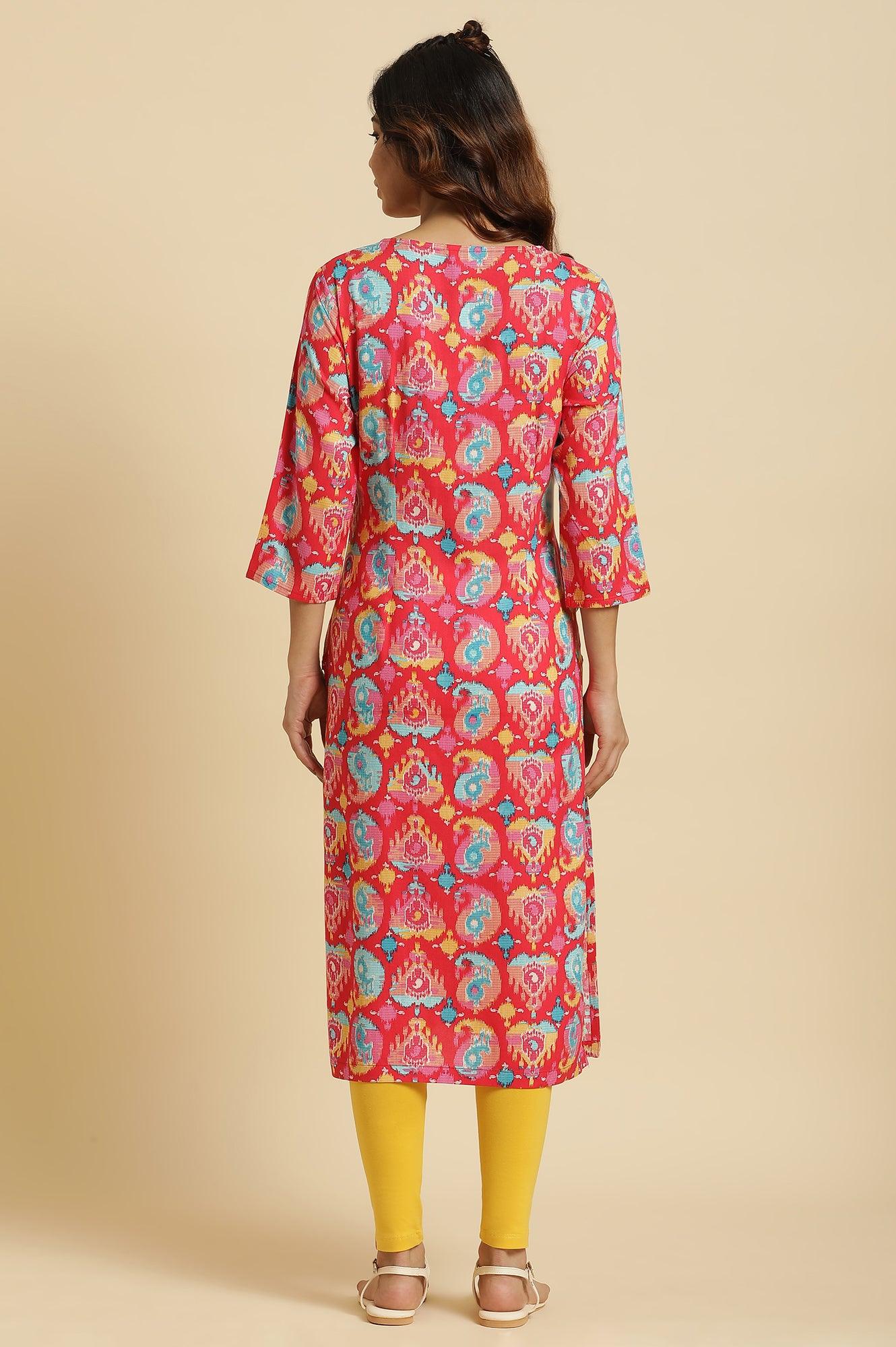 Red Straight Kurta With Multi-Coloured Print - wforwoman
