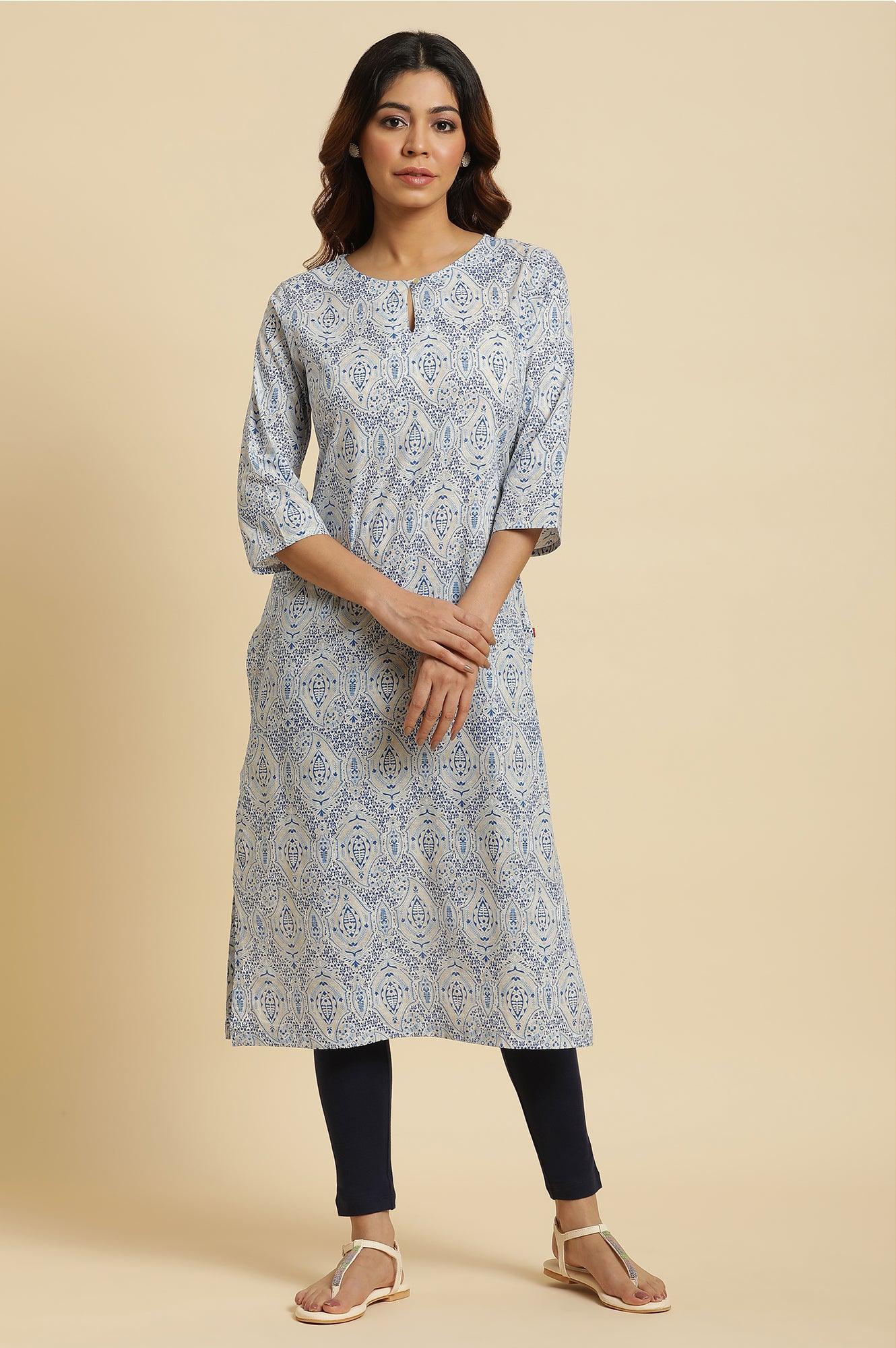 Blue Straight Cotton Kurta In Green Paisley Print - wforwoman