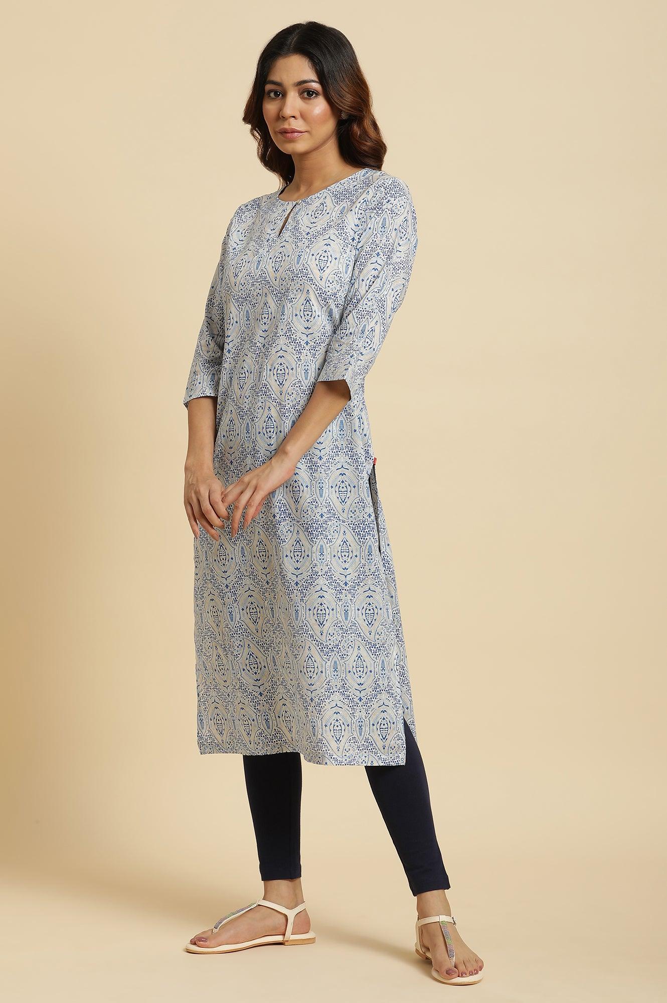 Blue Straight Cotton Kurta In Green Paisley Print - wforwoman