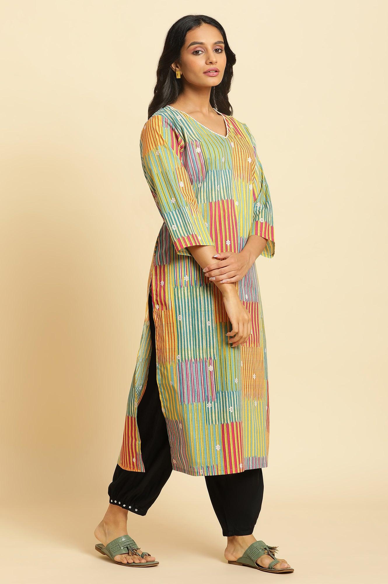 Multi-Coloured Printed Straight Kurta With Lace - wforwoman