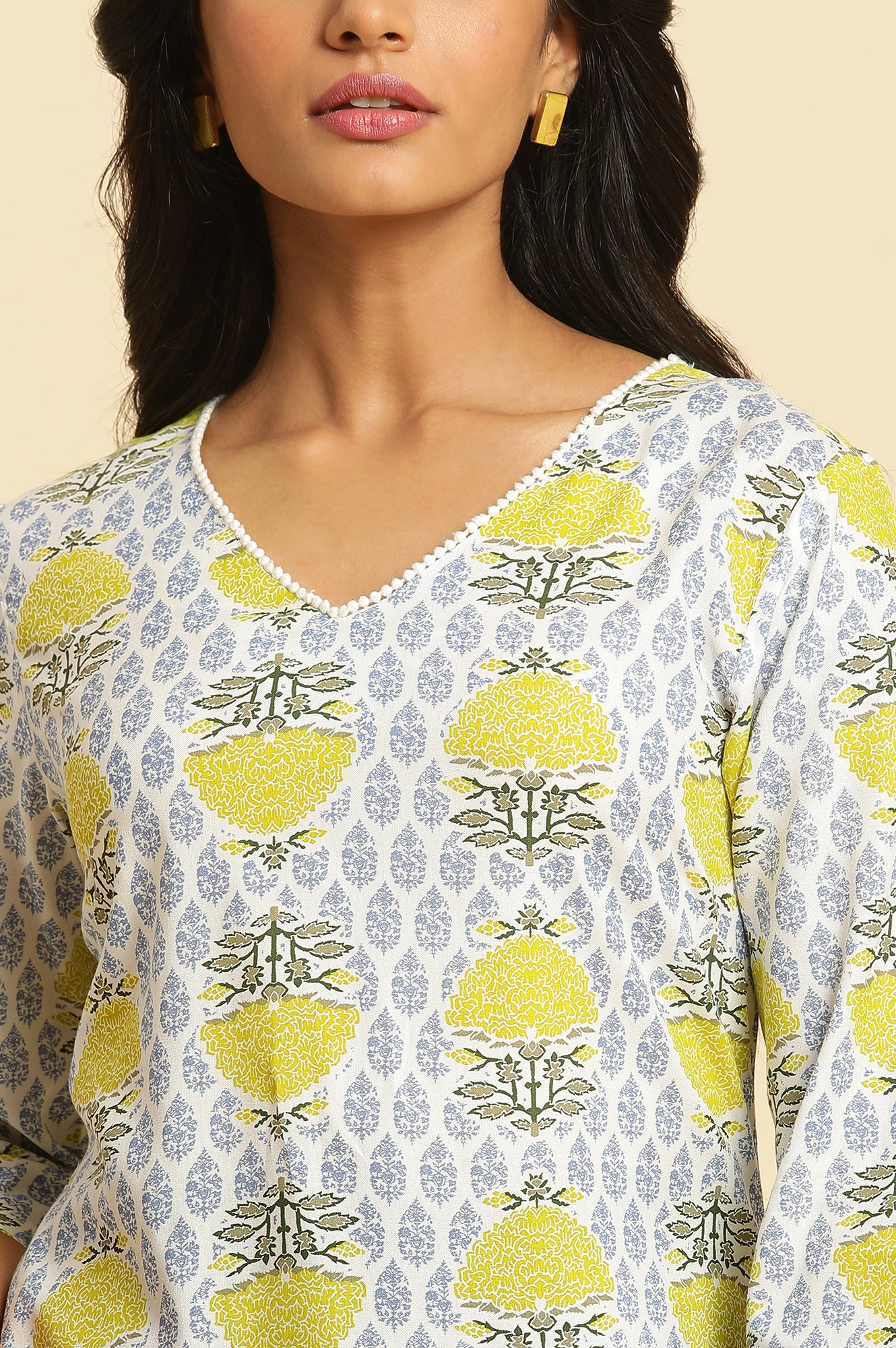 Ecru Lace Rayon Straight Kurta and Slim Pant Set