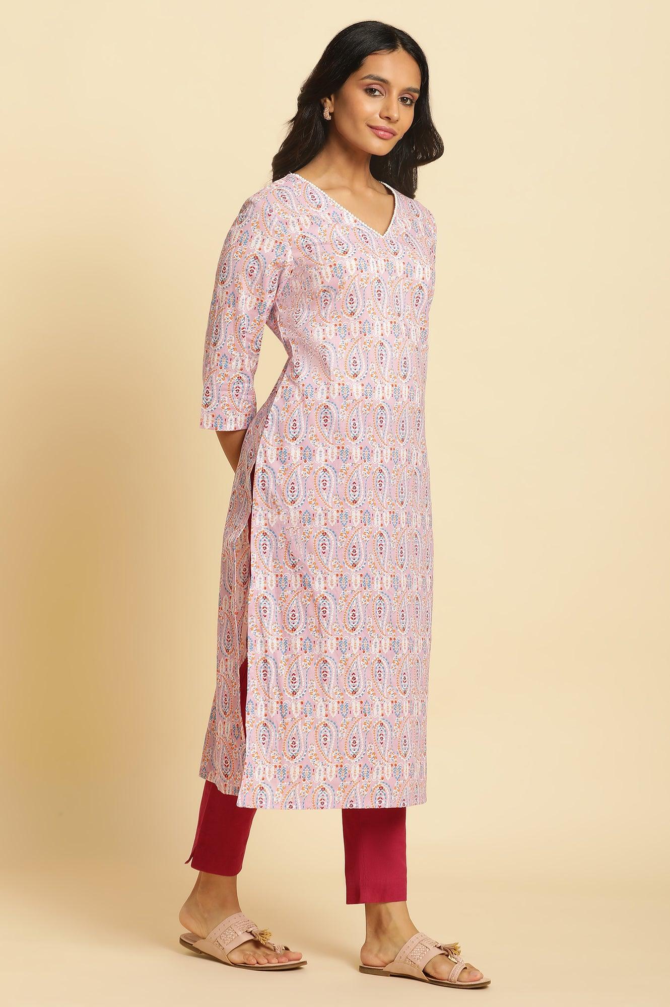 Light Purple Paisley Printed Kurta - wforwoman