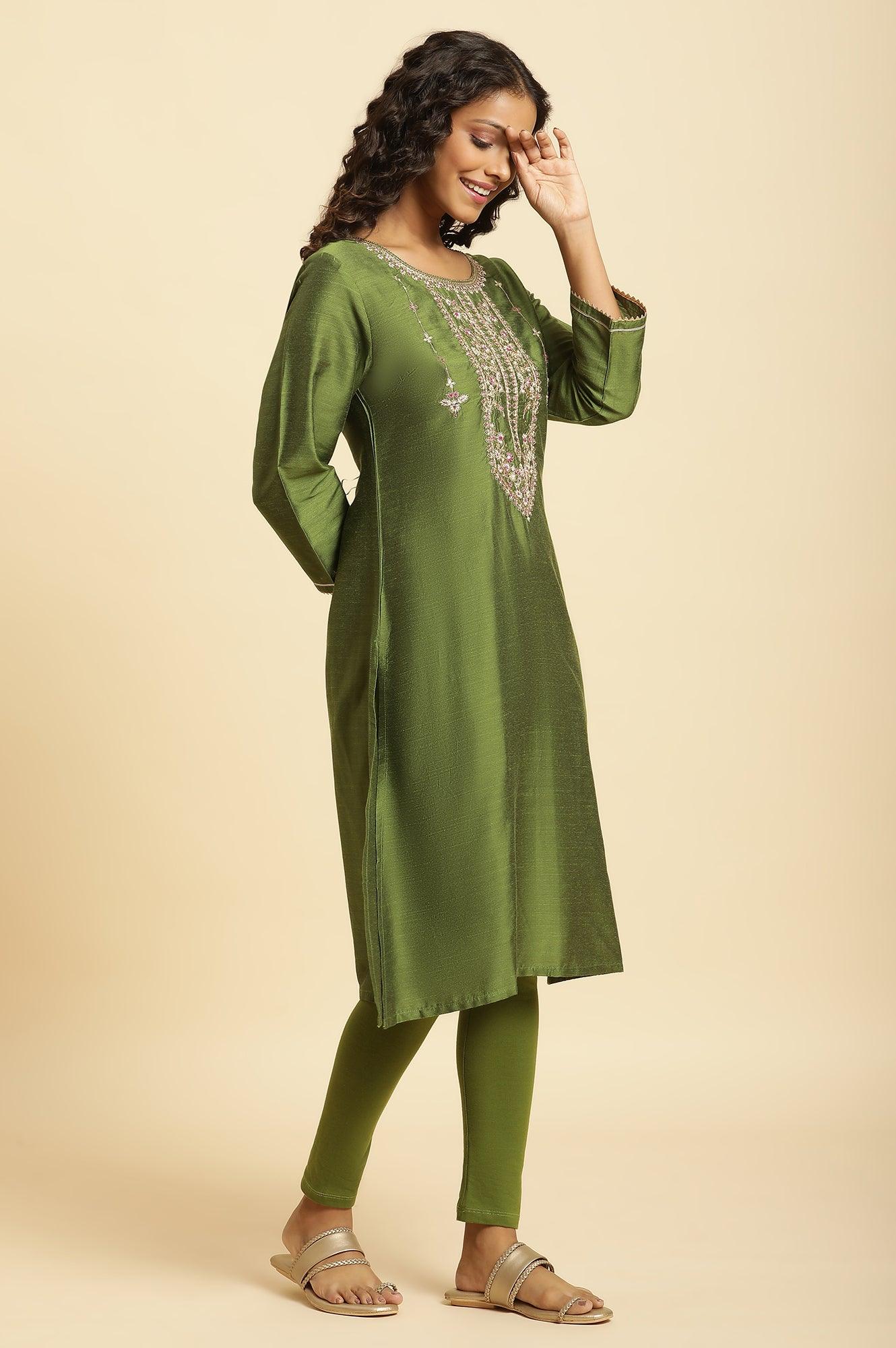 Green Zari Embroidered Festive Kurta - wforwoman