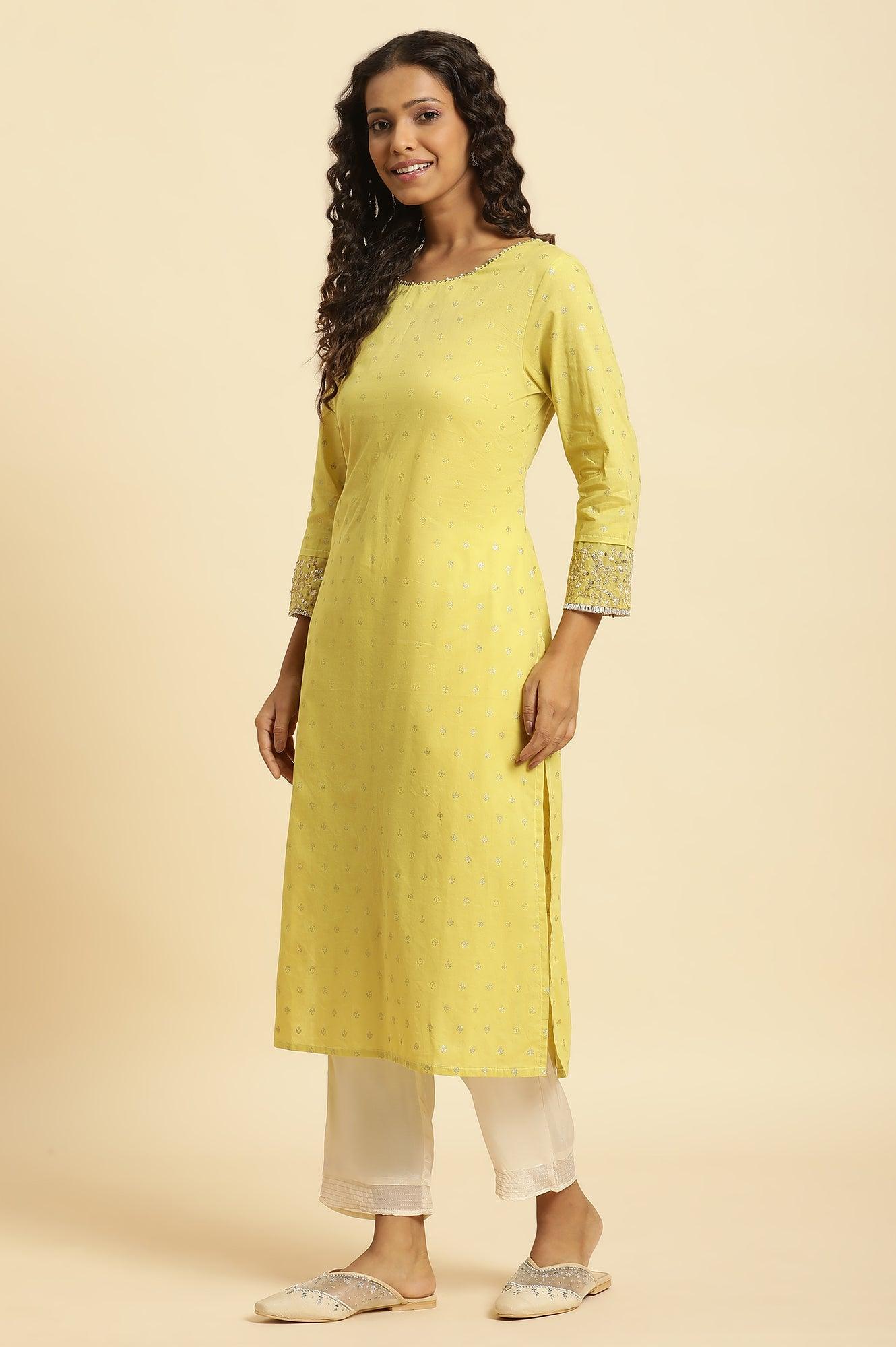 Lime Yellow Embroidered Festive Kurta - wforwoman