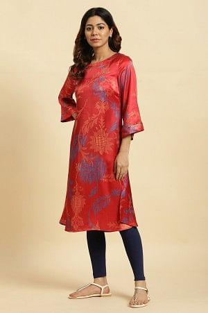 Red Bold Floral Printed Satin A-Line Kurta - wforwoman