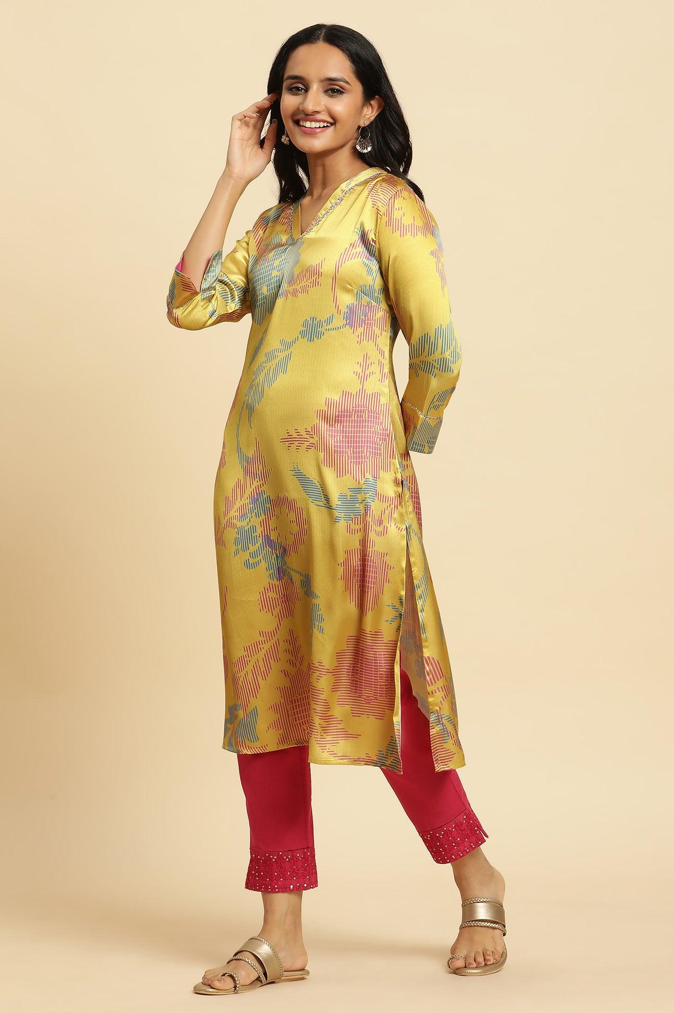 Yellow Japanese Satin Floral Printed Kurta - wforwoman