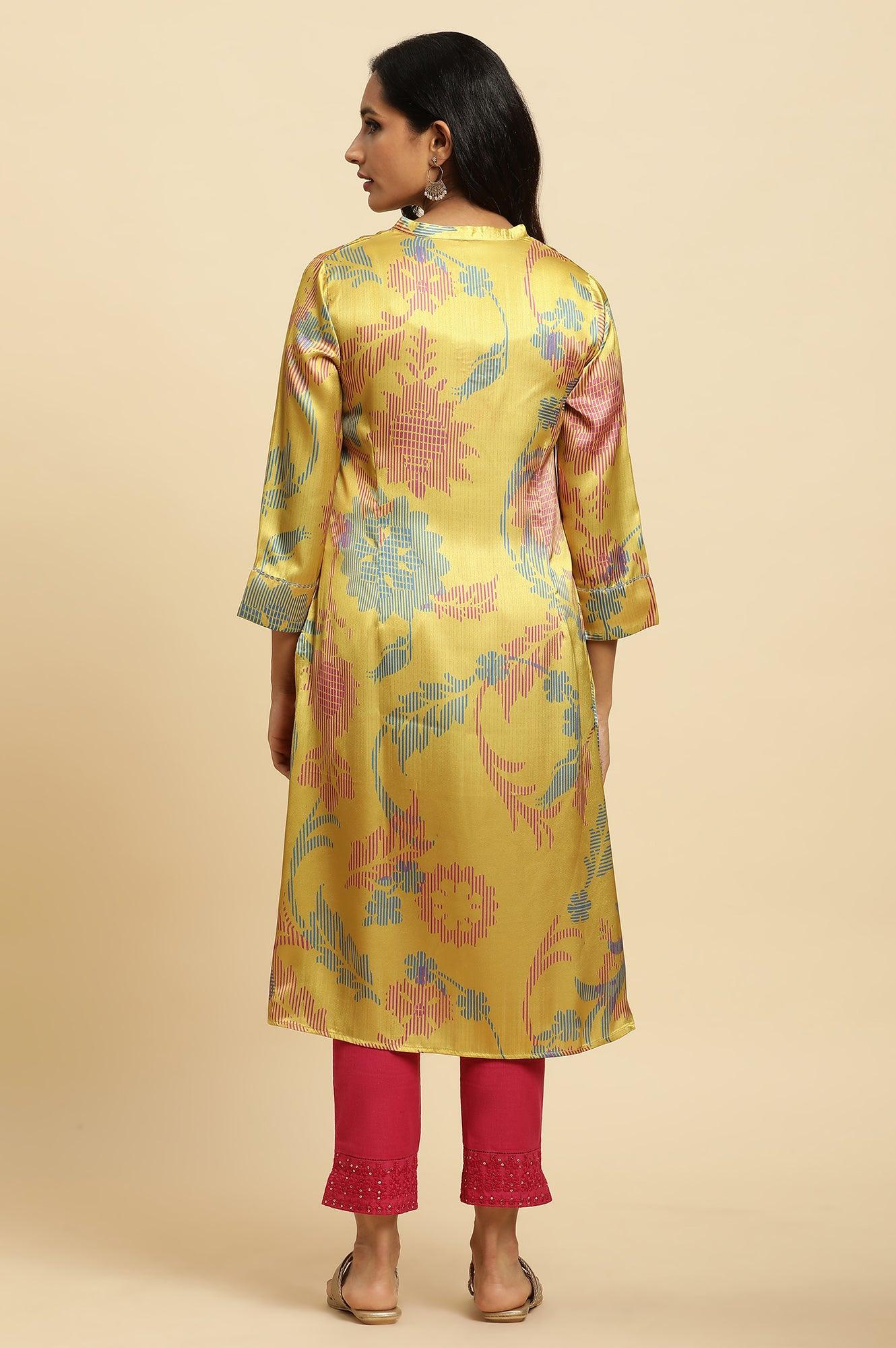 Yellow Japanese Satin Floral Printed Kurta - wforwoman