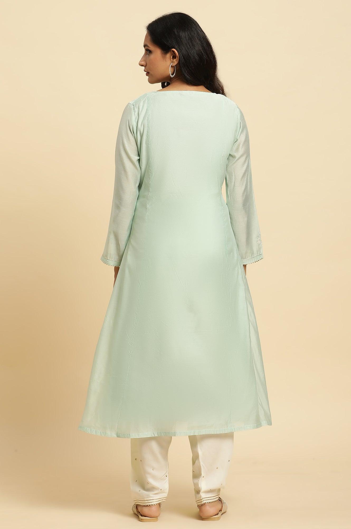 Mint Green Panelled Chanderi Kurta - wforwoman
