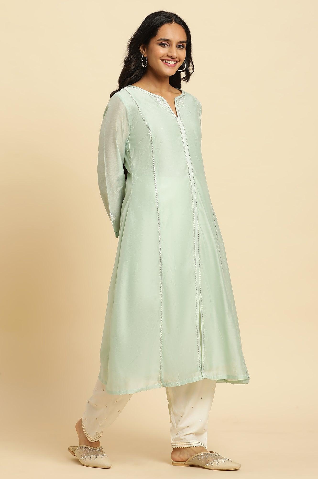 Mint Green Panelled Chanderi Kurta - wforwoman