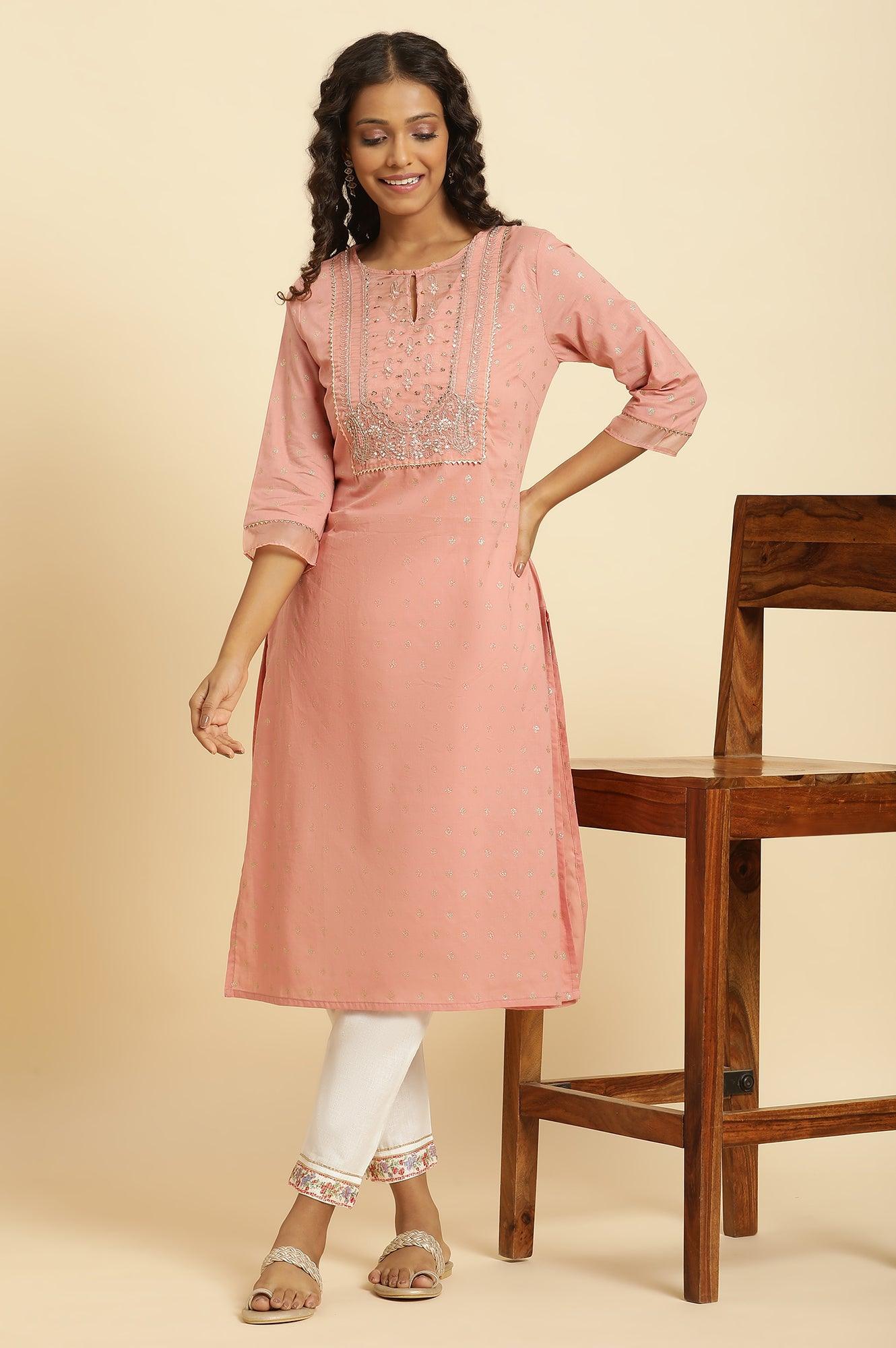 Pink Embroidered Kurta With Gota Trims - wforwoman