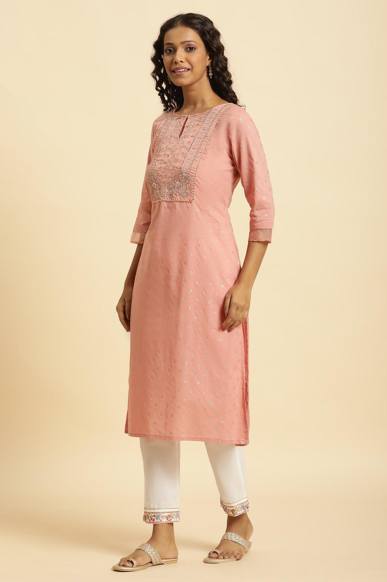 Pink Embroidered Kurta With Gota Trims - wforwoman