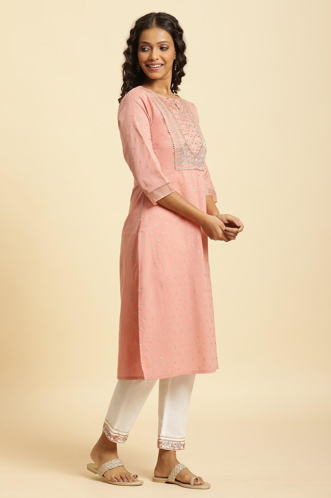 Pink Embroidered Kurta With Gota Trims - wforwoman