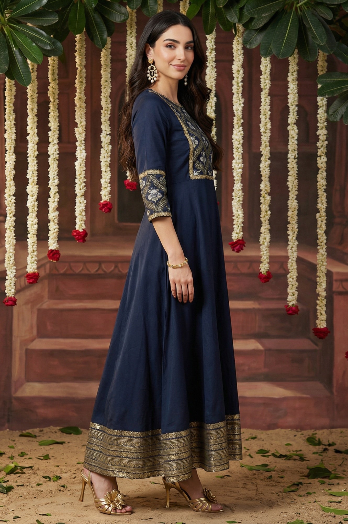 Blue Panelled Embroidered Festive Flared Dress