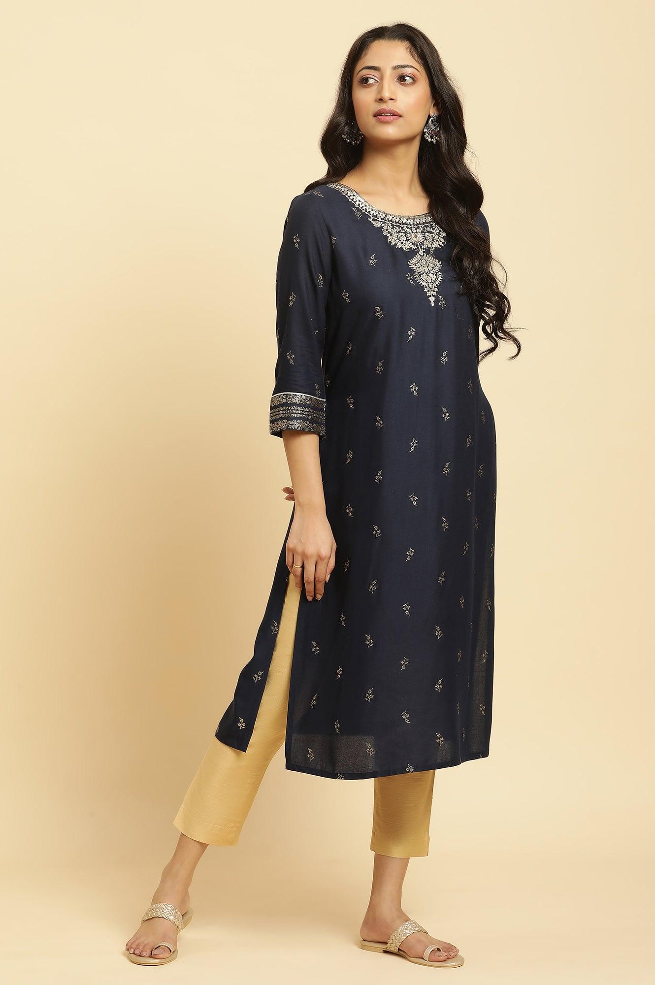 Navy Blue Floral Glitter Printed Kurta - wforwoman