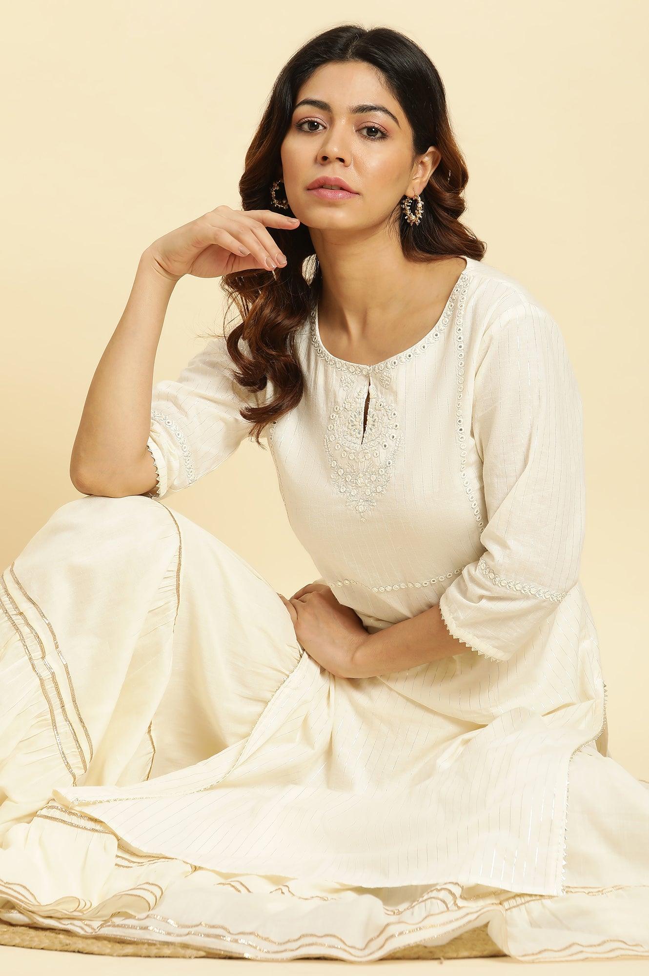 Ecru Embellished Straight Festive Kurta - wforwoman
