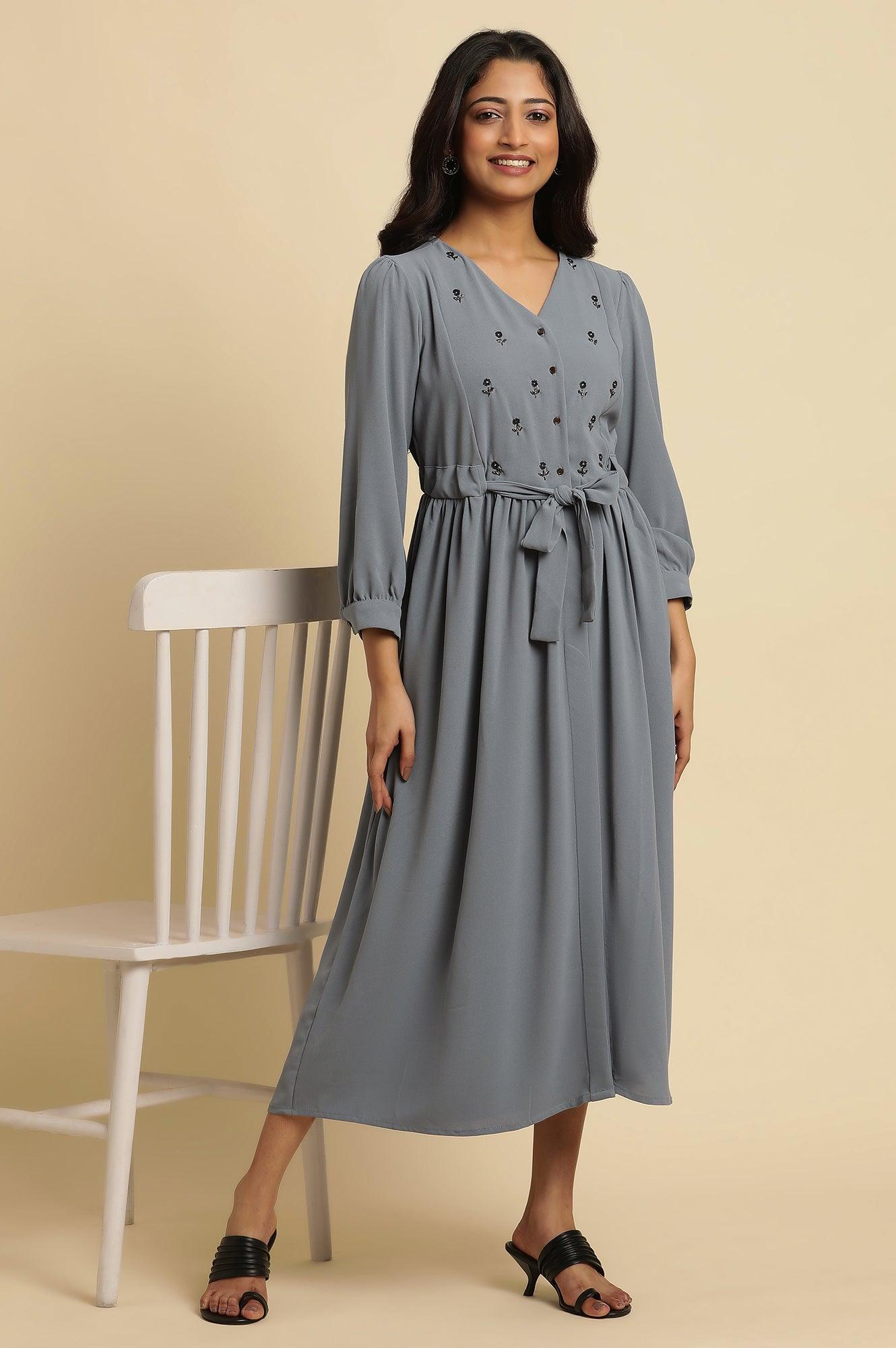 Dusk Blue Embroidered Gathered Dress - wforwoman