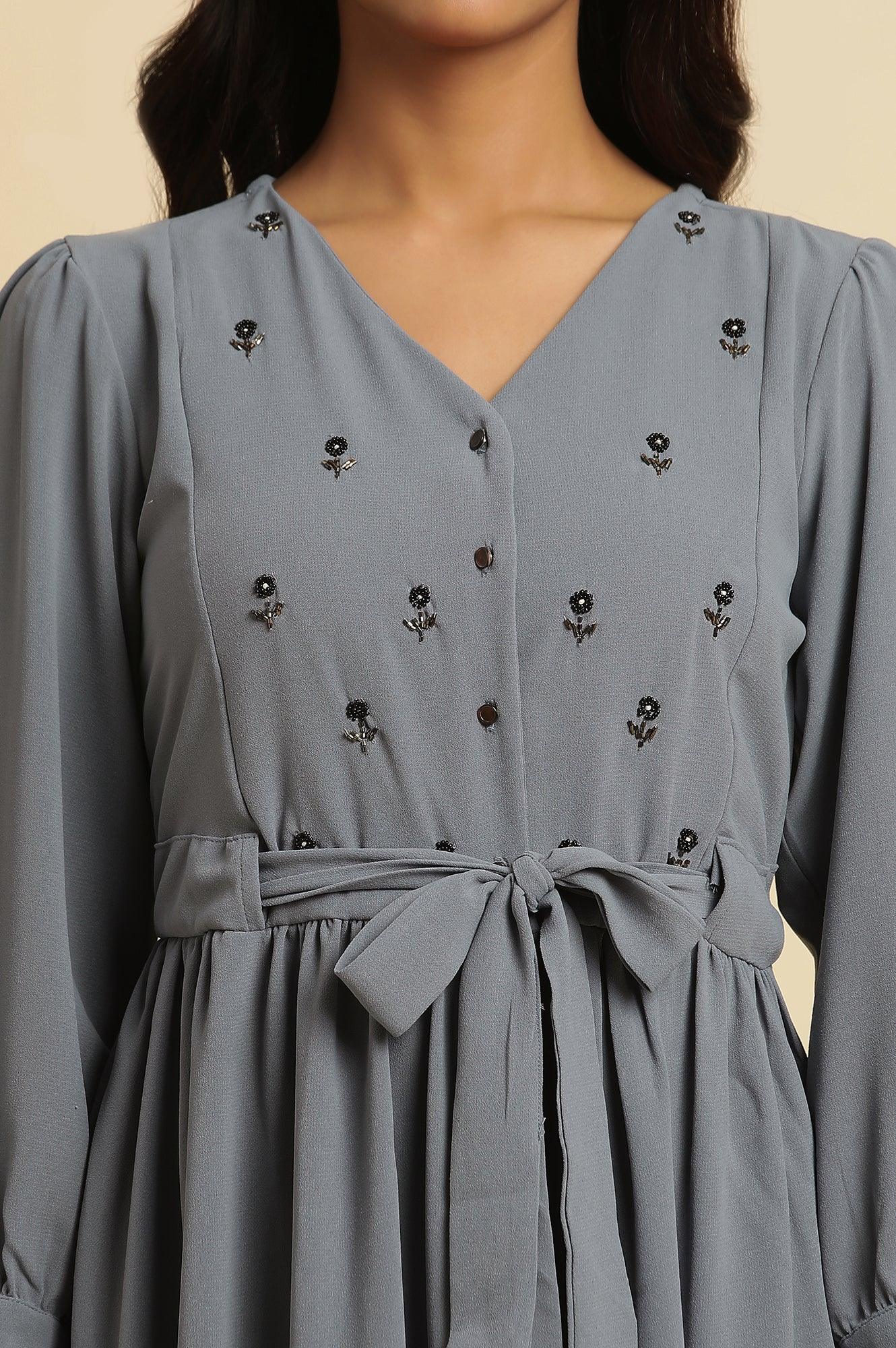 Dusk Blue Embroidered Gathered Dress - wforwoman