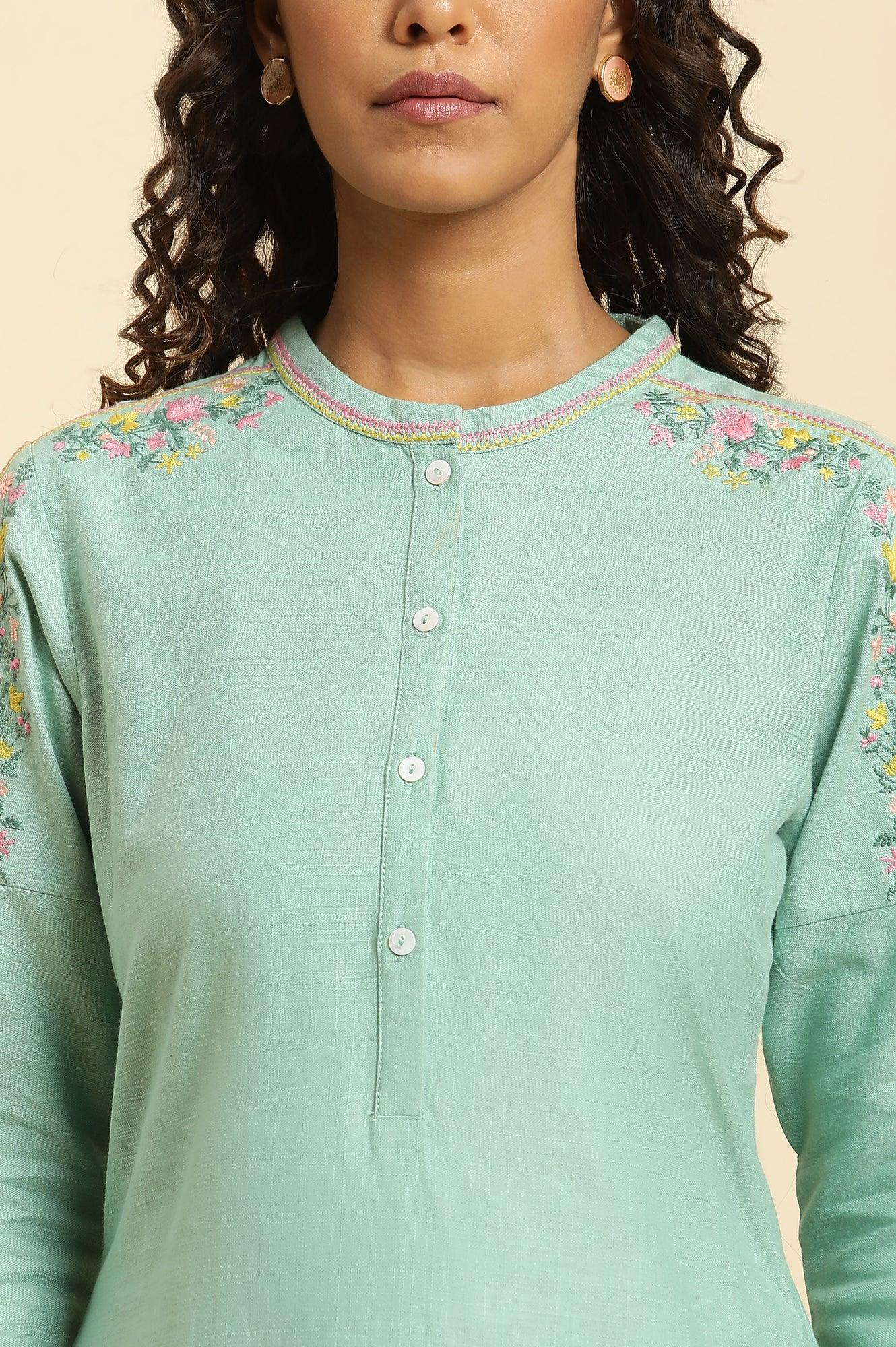 Mint Blue Solid Kurta With Embroidery On Shoulder - wforwoman