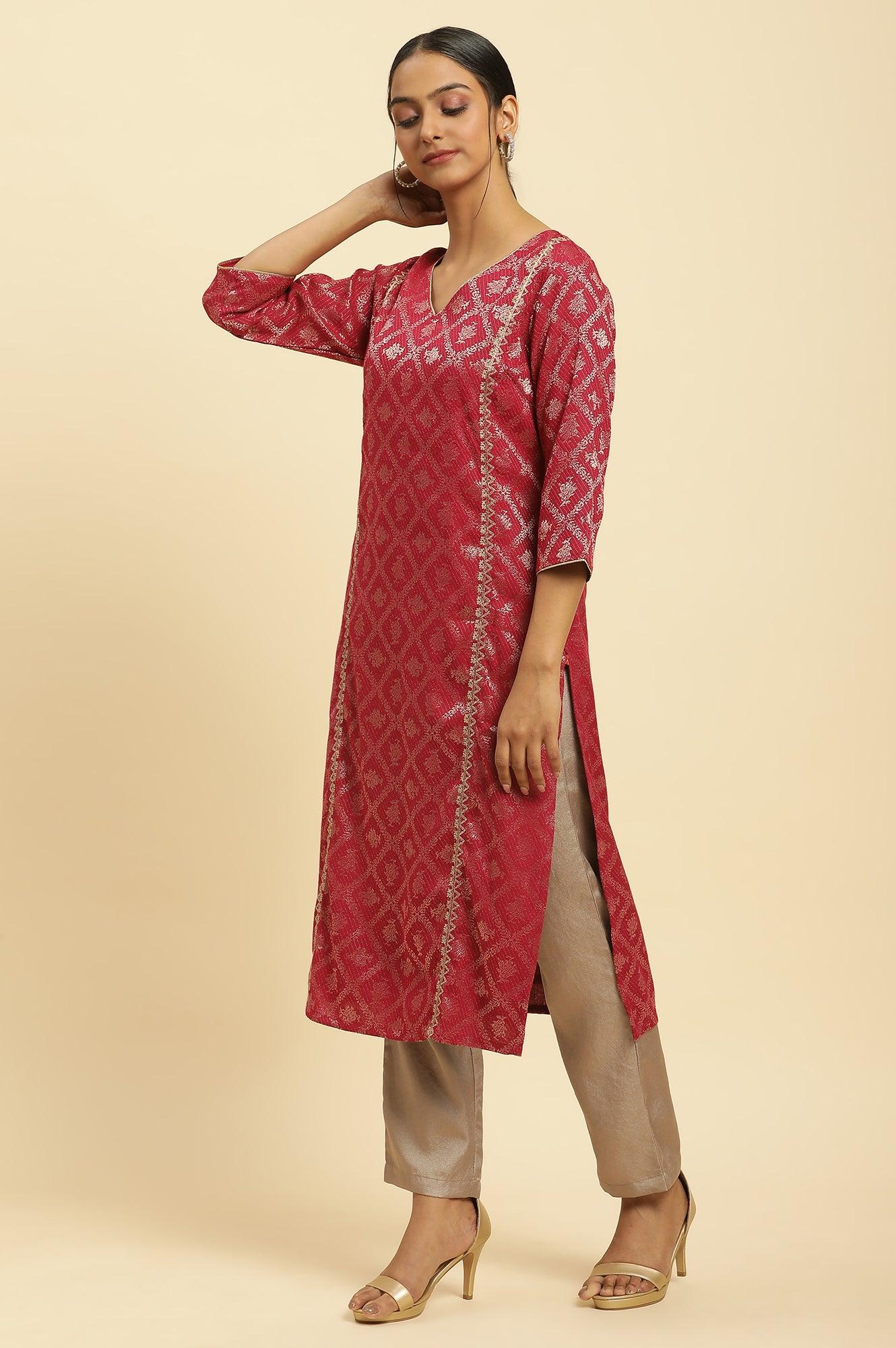 Red Rayon Jacquard Sequined Festive Kurta - wforwoman