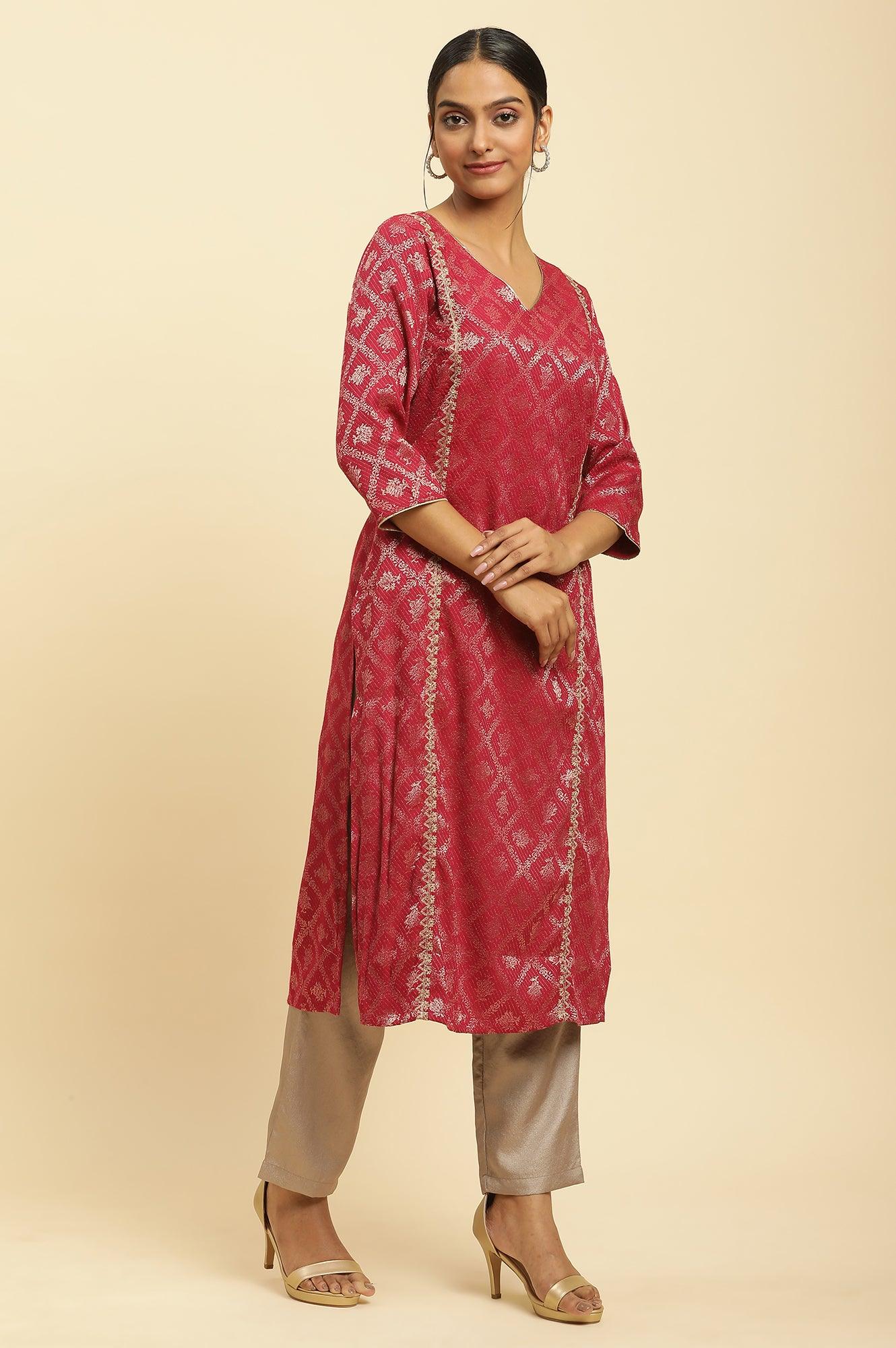 Red Rayon Jacquard Sequined Festive Kurta - wforwoman
