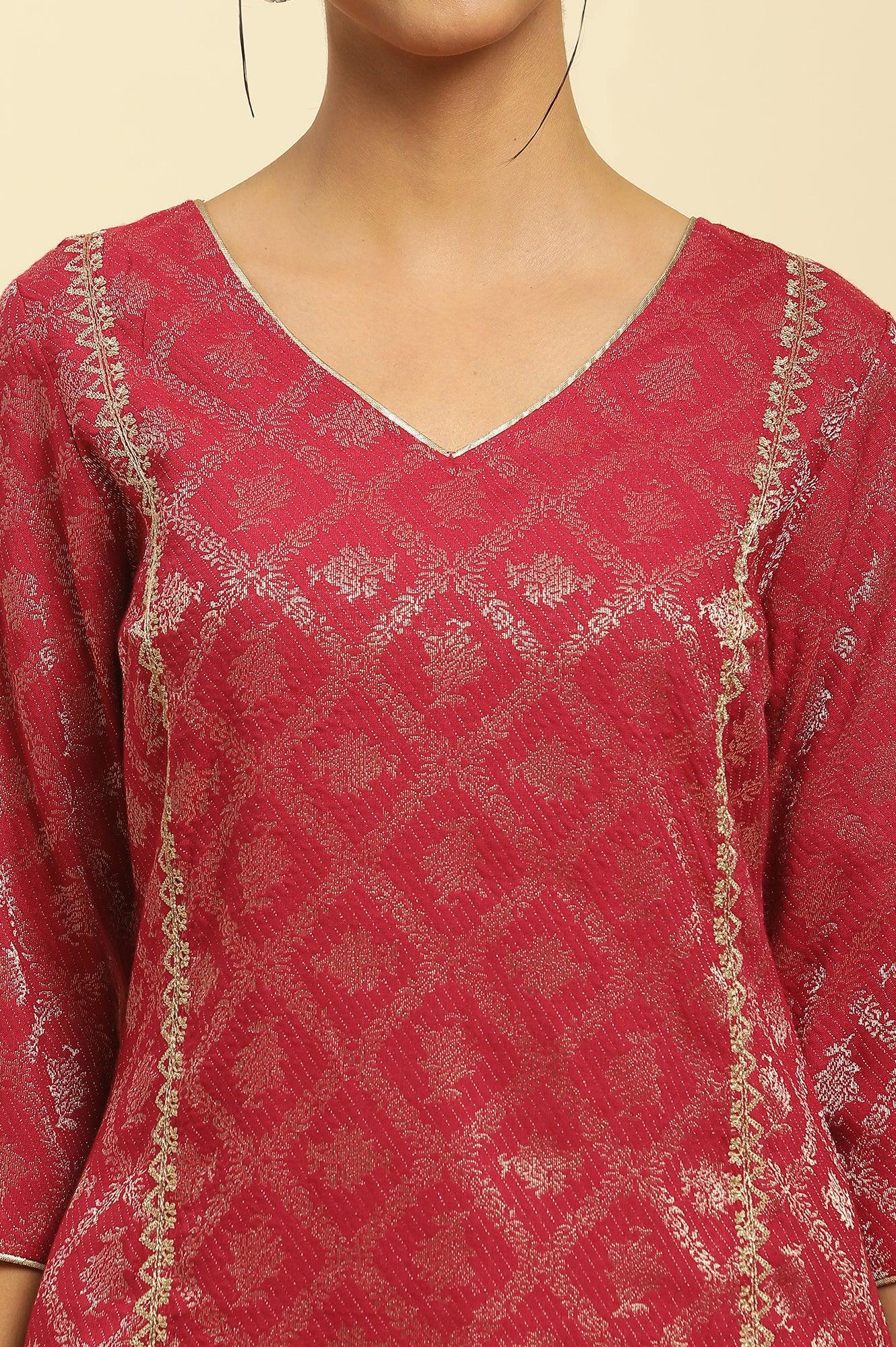 Red Rayon Jacquard Sequined Festive Kurta - wforwoman