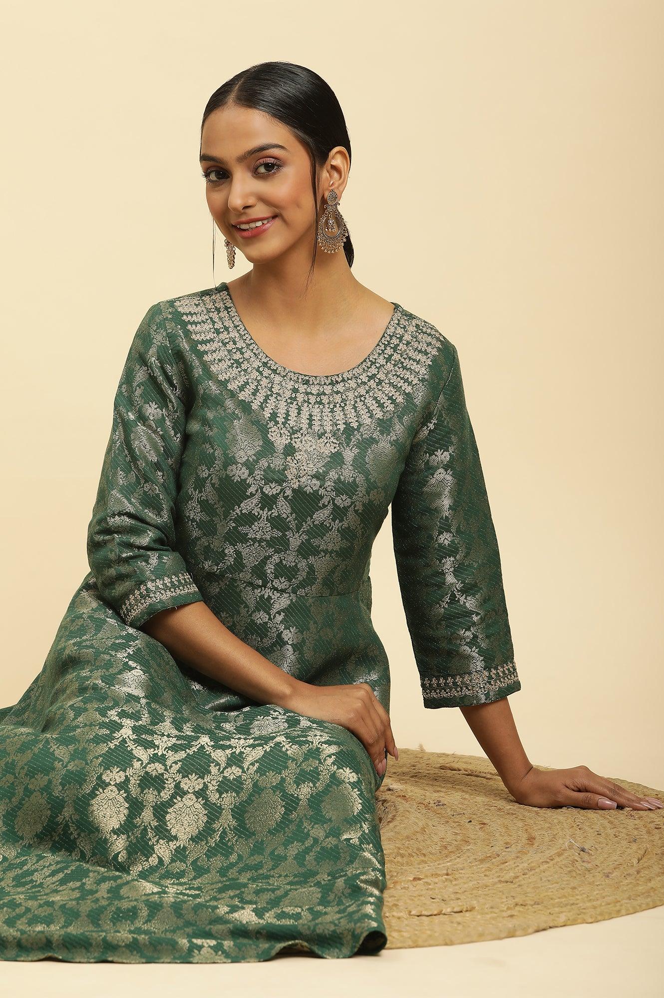 Buy Green Jacquard Embroidered Ethnic Dress Online for Woman | WforWoman