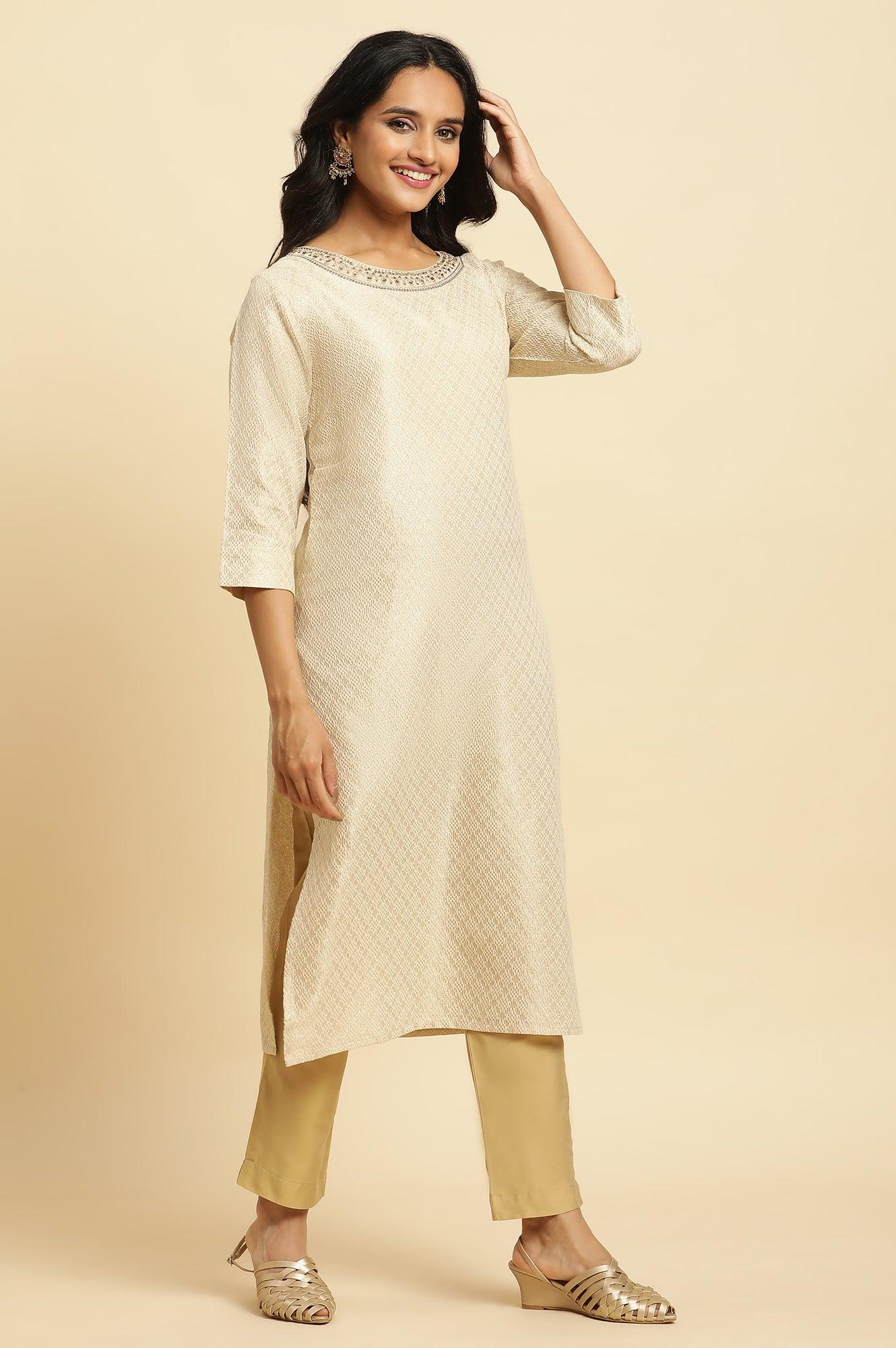 Ecru Dobby Embellished Kurta - wforwoman