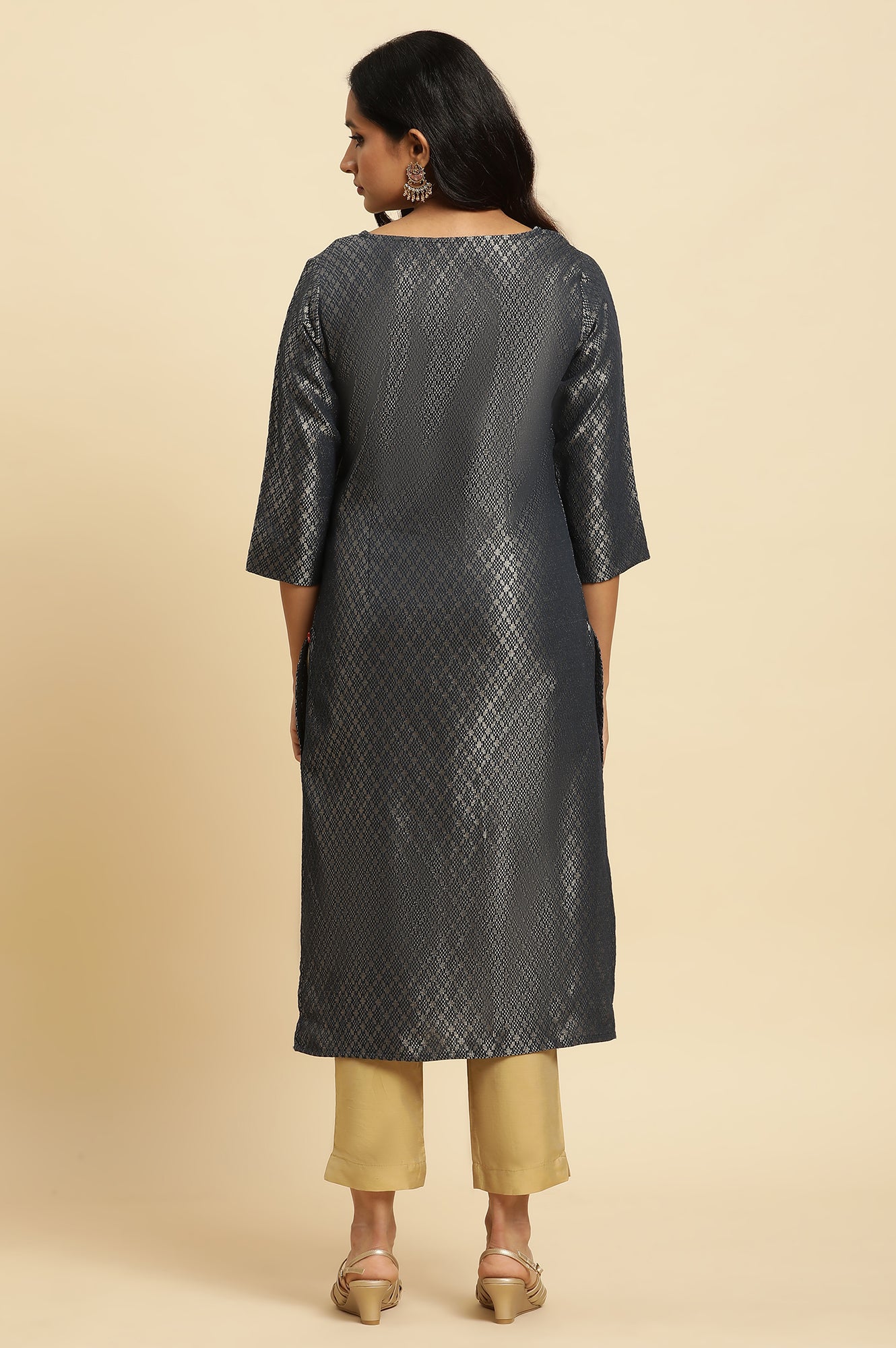 Grey Solid Sequined Straight Cotton Kurta