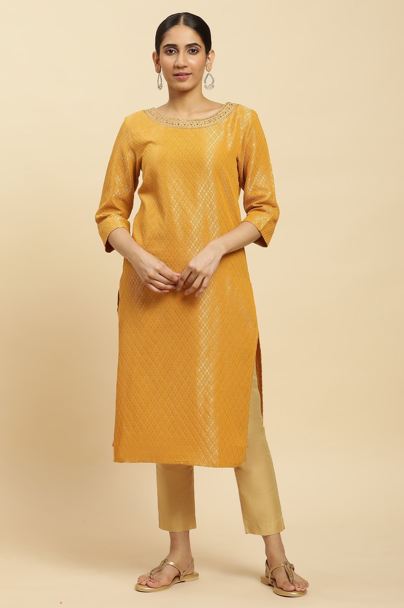 Yellow Solid Sequined Straight Cotton Kurta