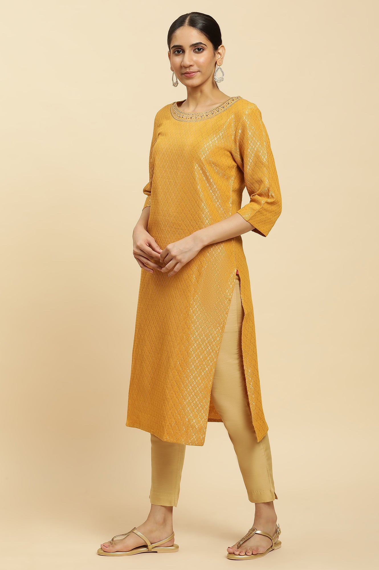 Yellow Solid Sequined Straight Cotton Kurta