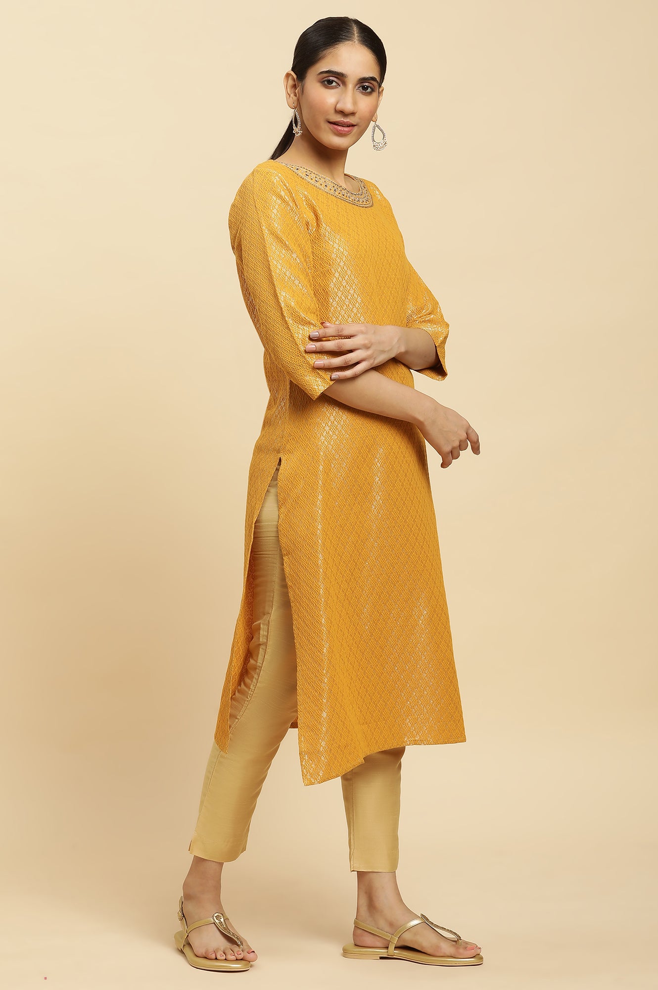 Yellow Solid Sequined Straight Cotton Kurta