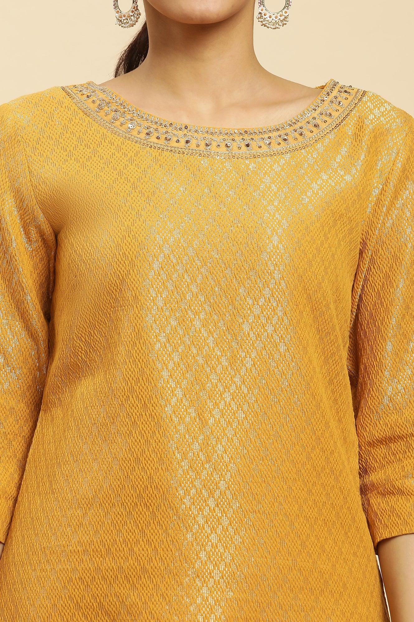 Yellow Dobby Embellished Kurta - wforwoman