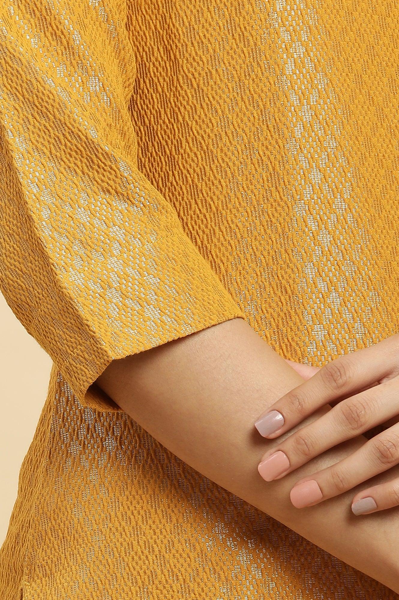 Yellow Dobby Embellished Kurta - wforwoman