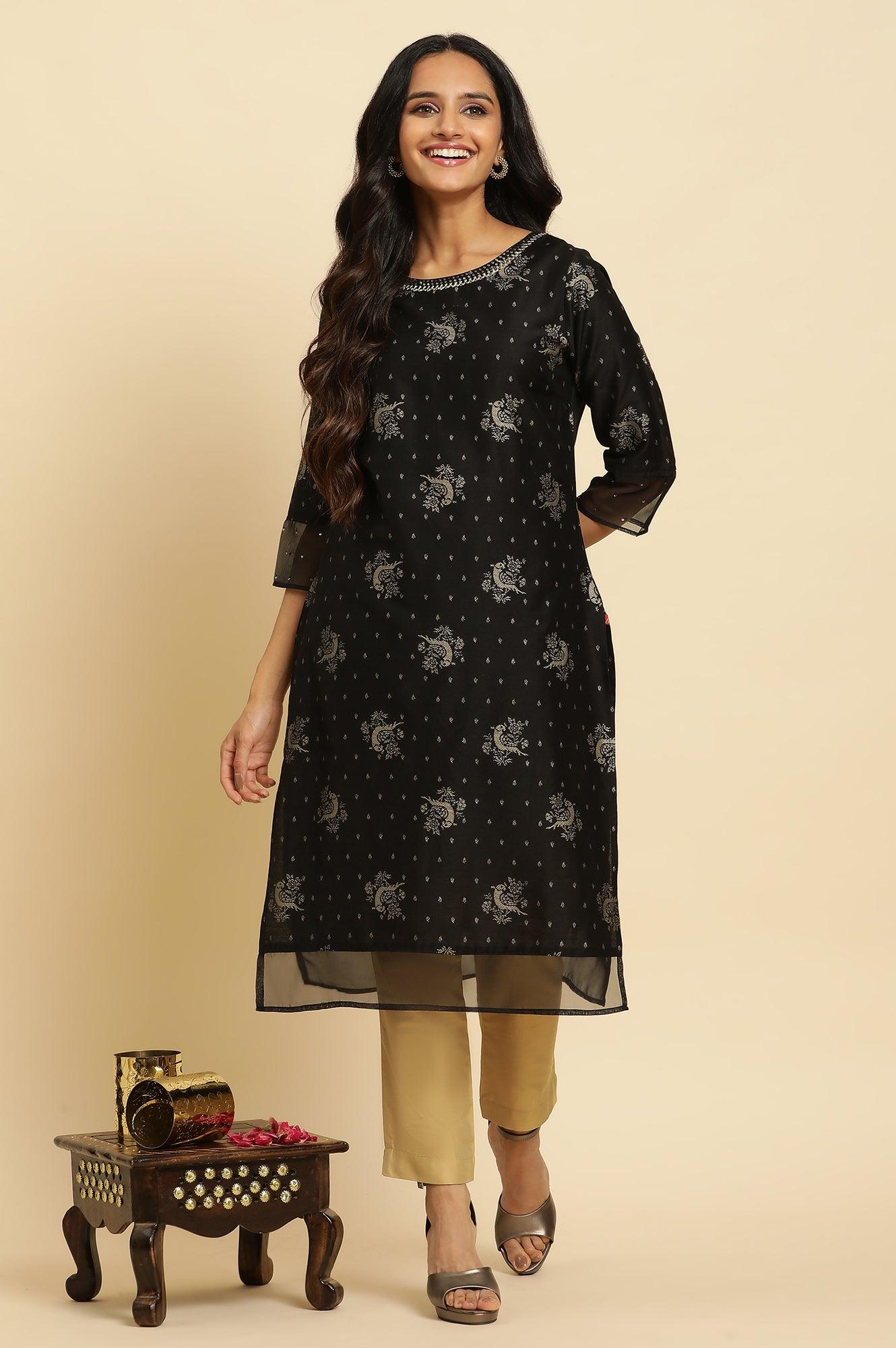 Black Zari Embroidered Festive Kurta - wforwoman