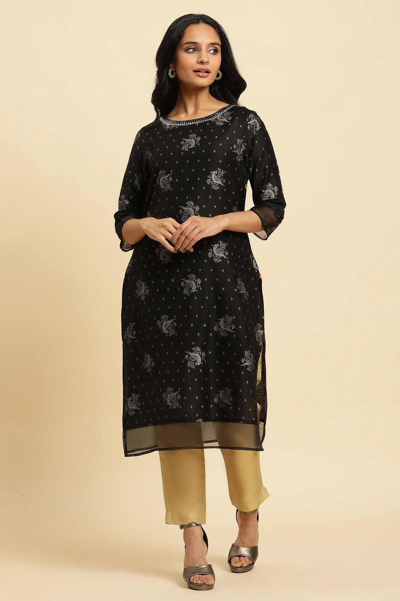Black Zari Embroidered Festive Kurta - wforwoman