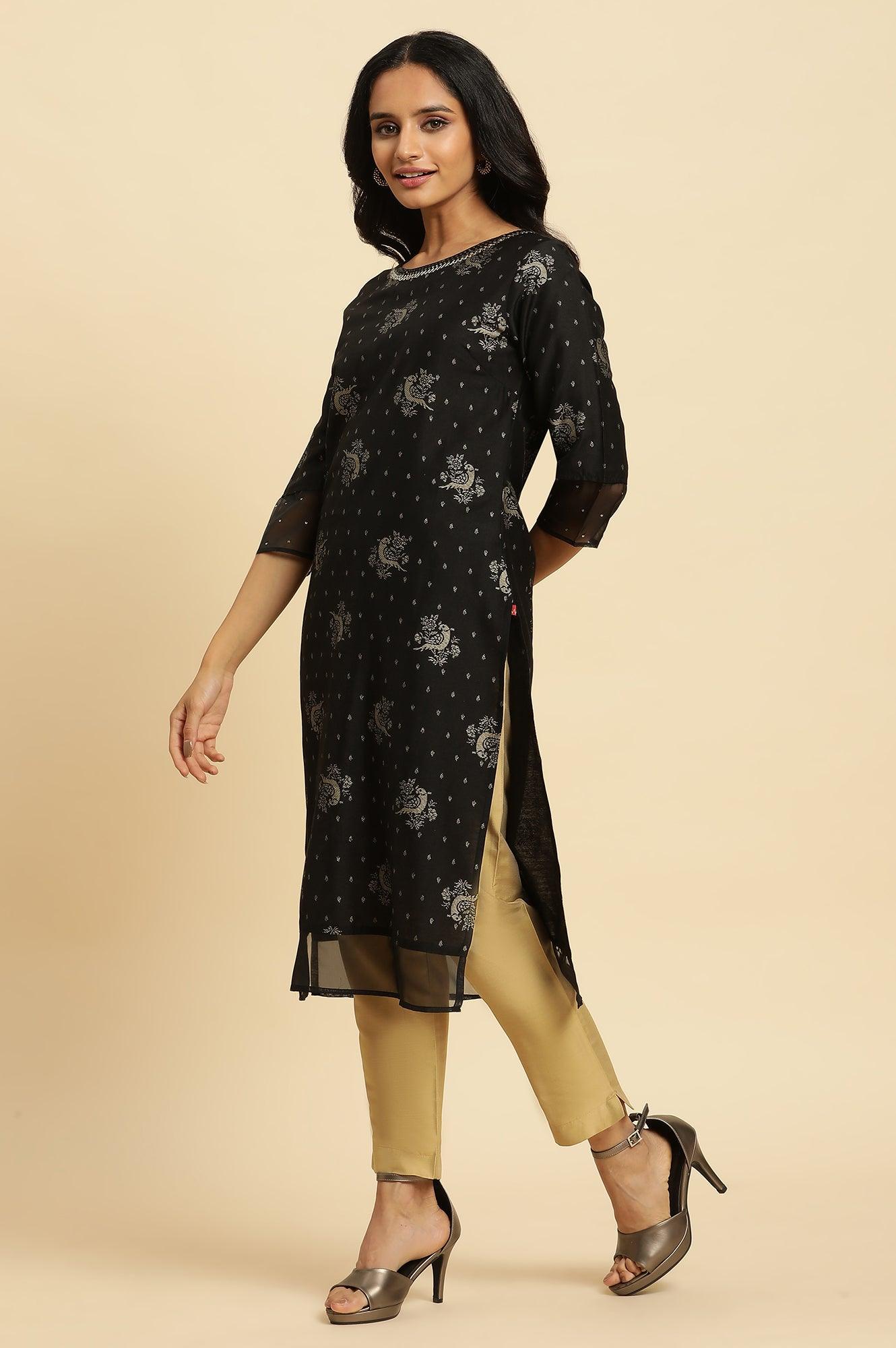 Black Zari Embroidered Festive Kurta - wforwoman
