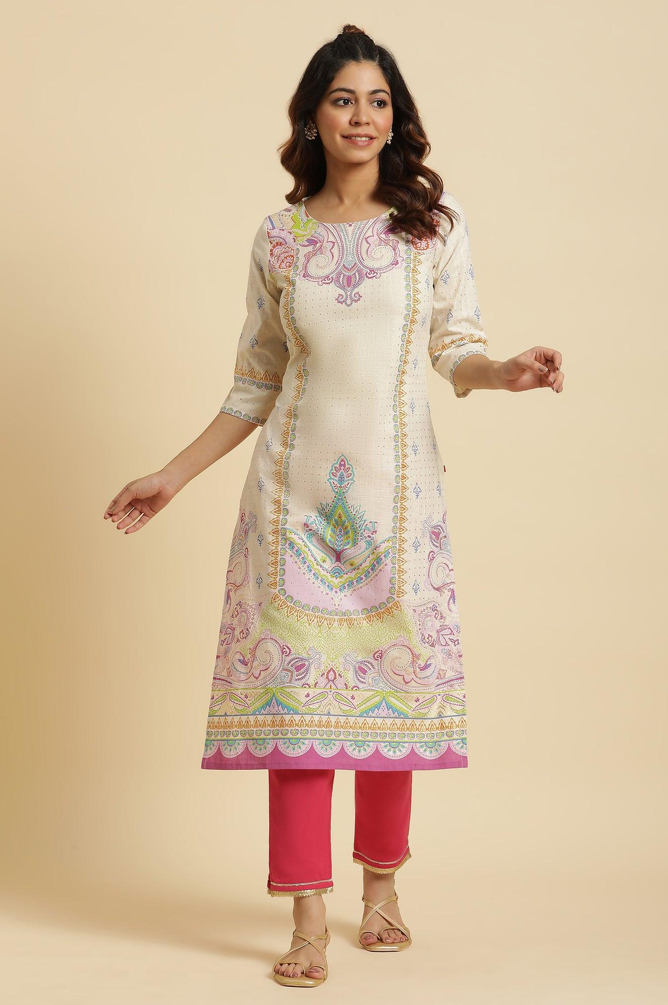 Ecru Straight Kurta With Multi-Coloured Print - wforwoman