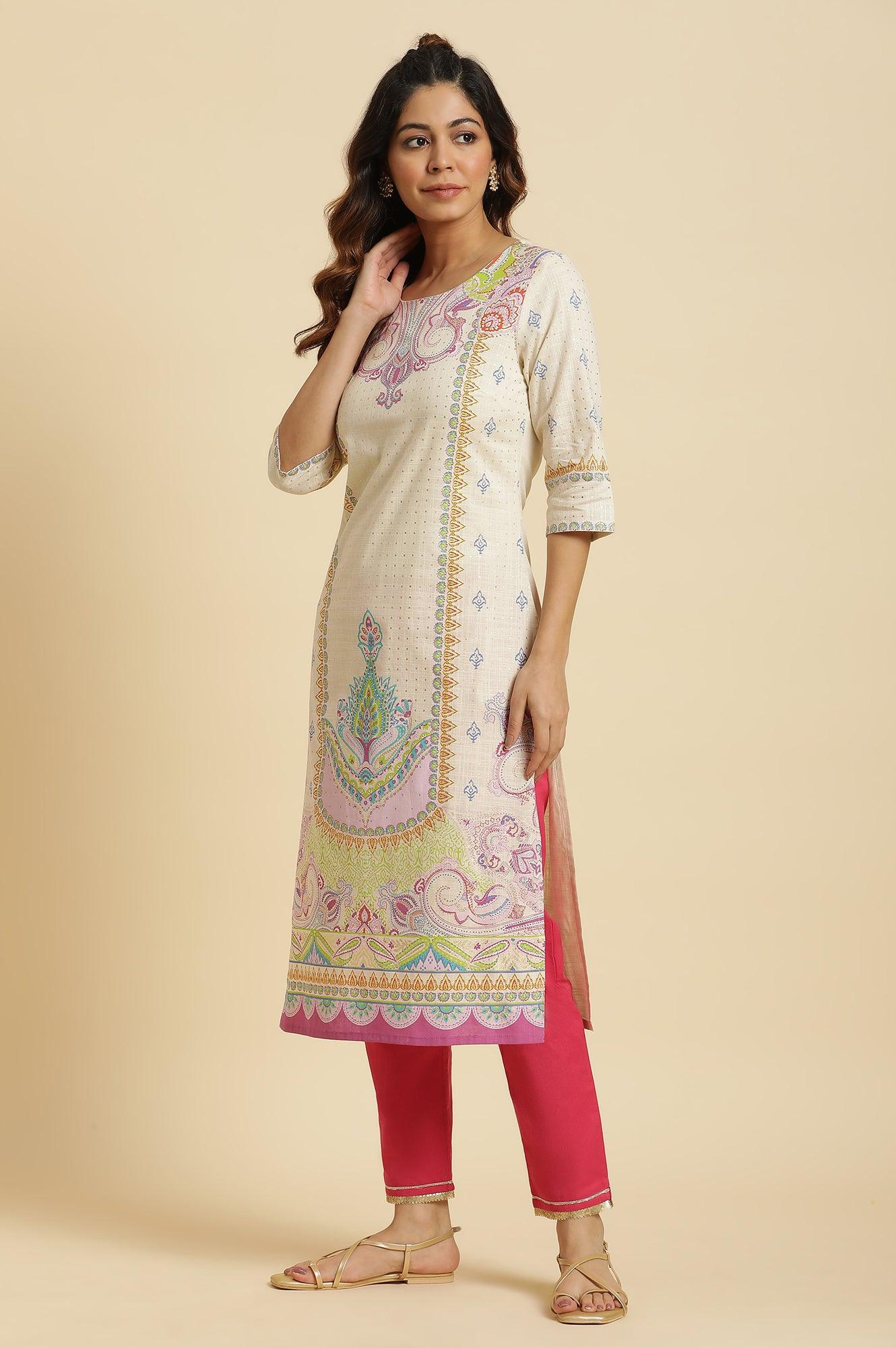 Ecru Straight Kurta With Multi-Coloured Print - wforwoman