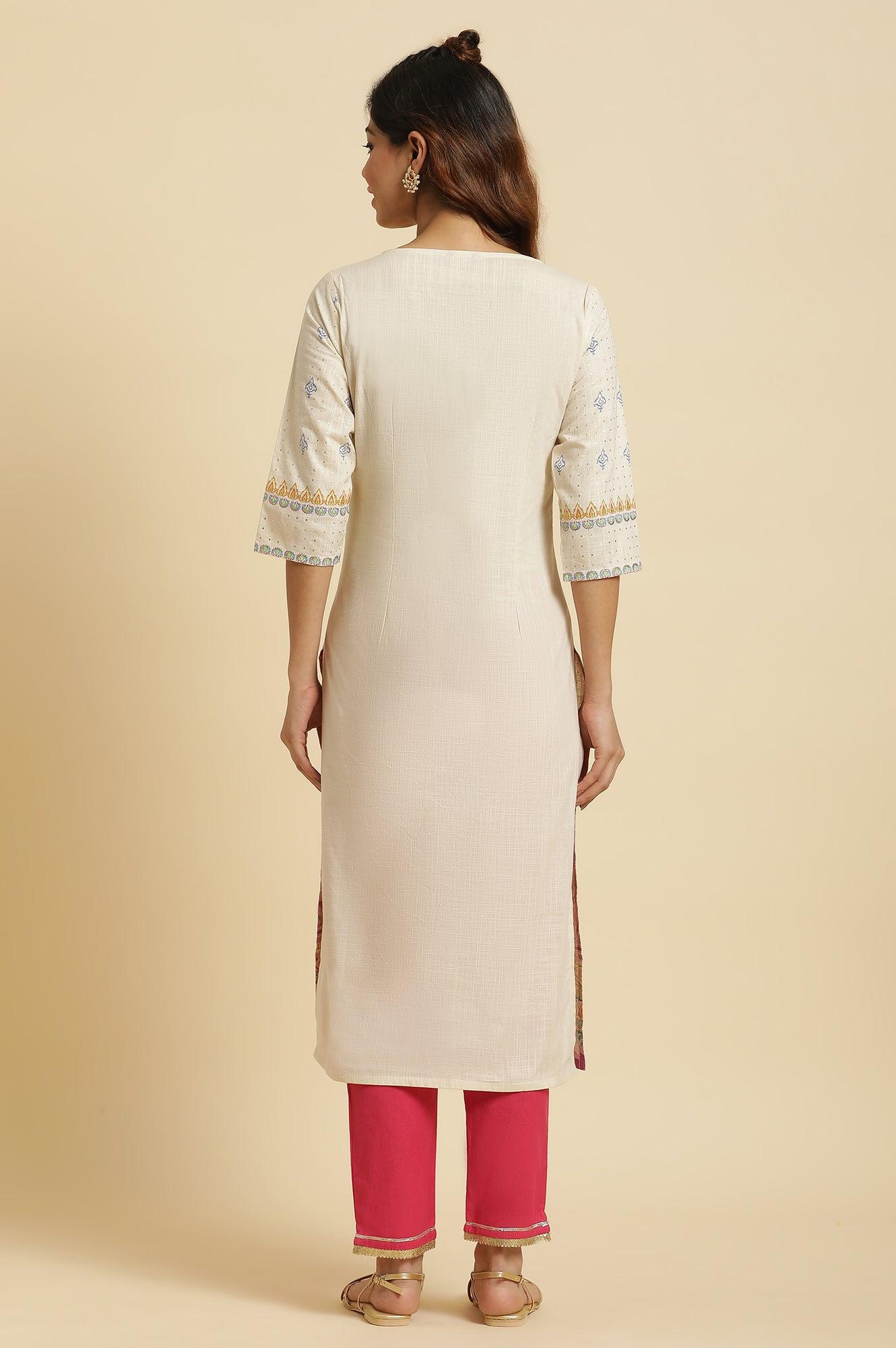 Ecru Straight Kurta With Multi-Coloured Print - wforwoman