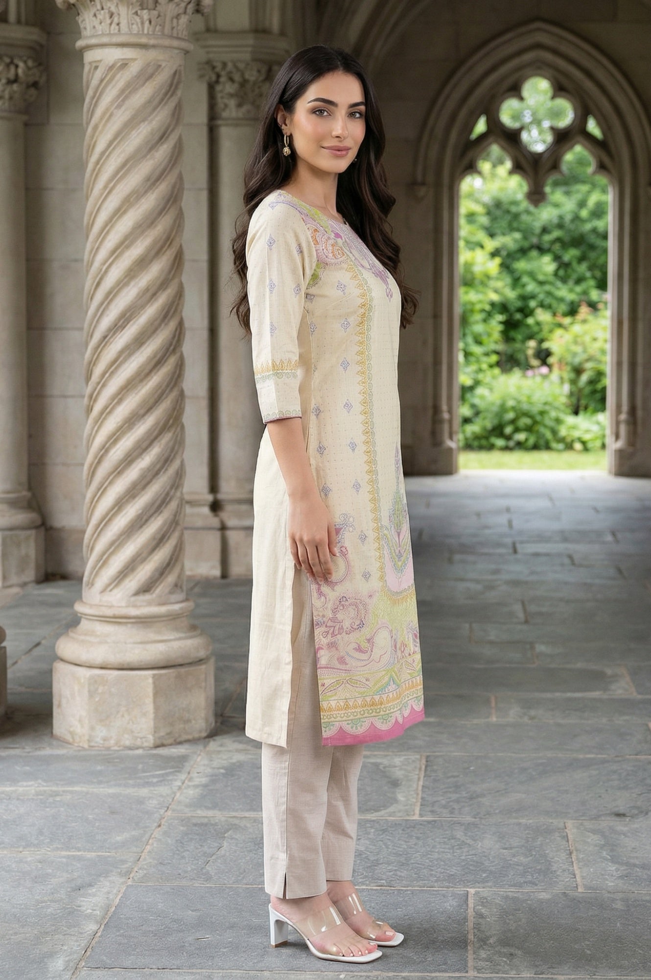 White Ethnic Motif Pure Cotton Straight Kurta