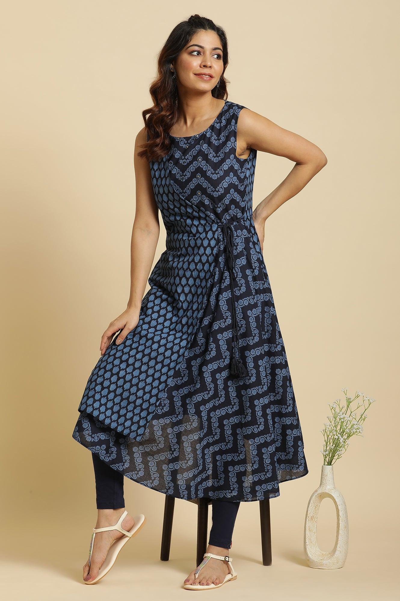 Blue Mock Wrap Print Mix Kurta - wforwoman
